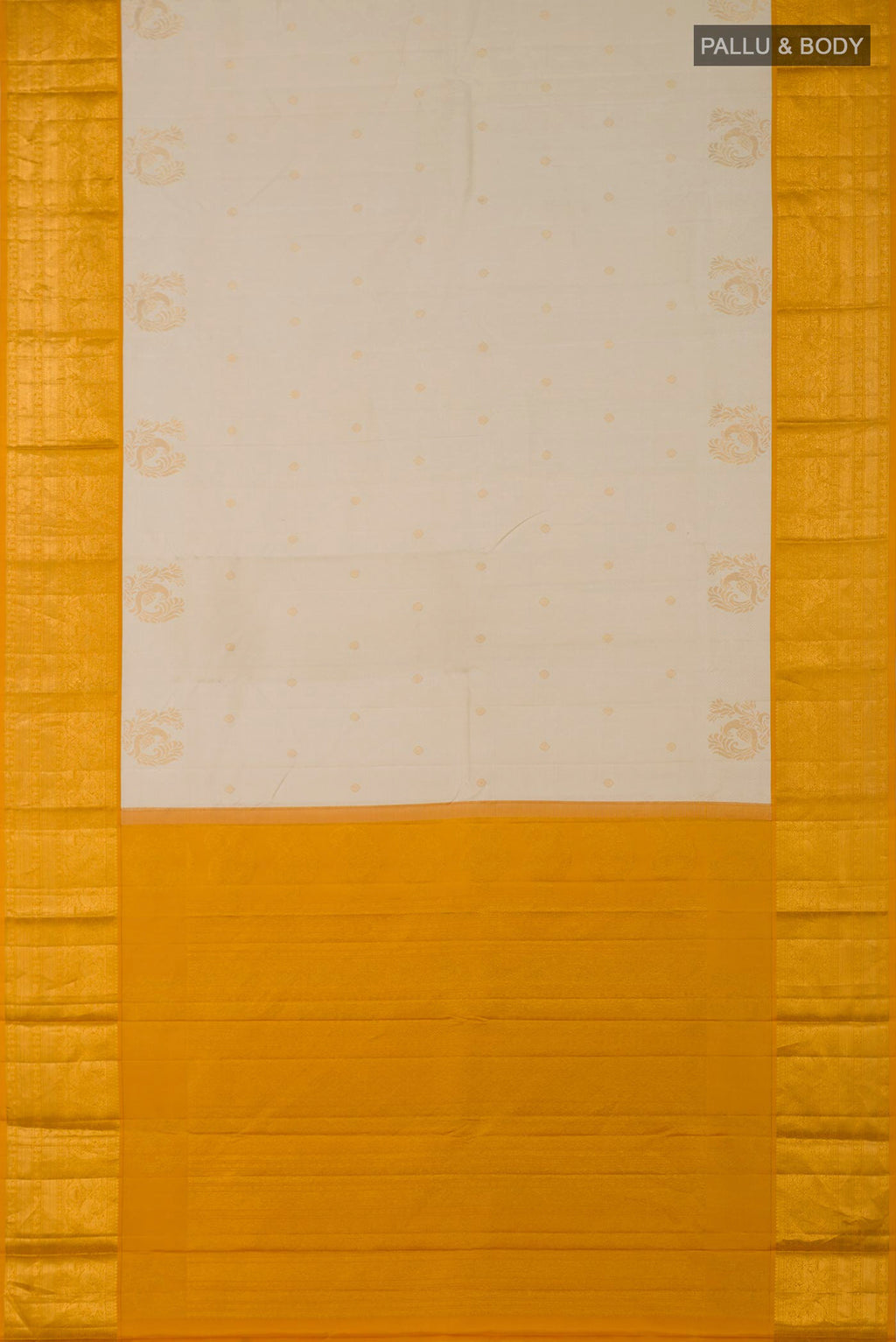 Flat view of Cream Kanjivaram Saree with Zari Butta on the body and Zari Border. 