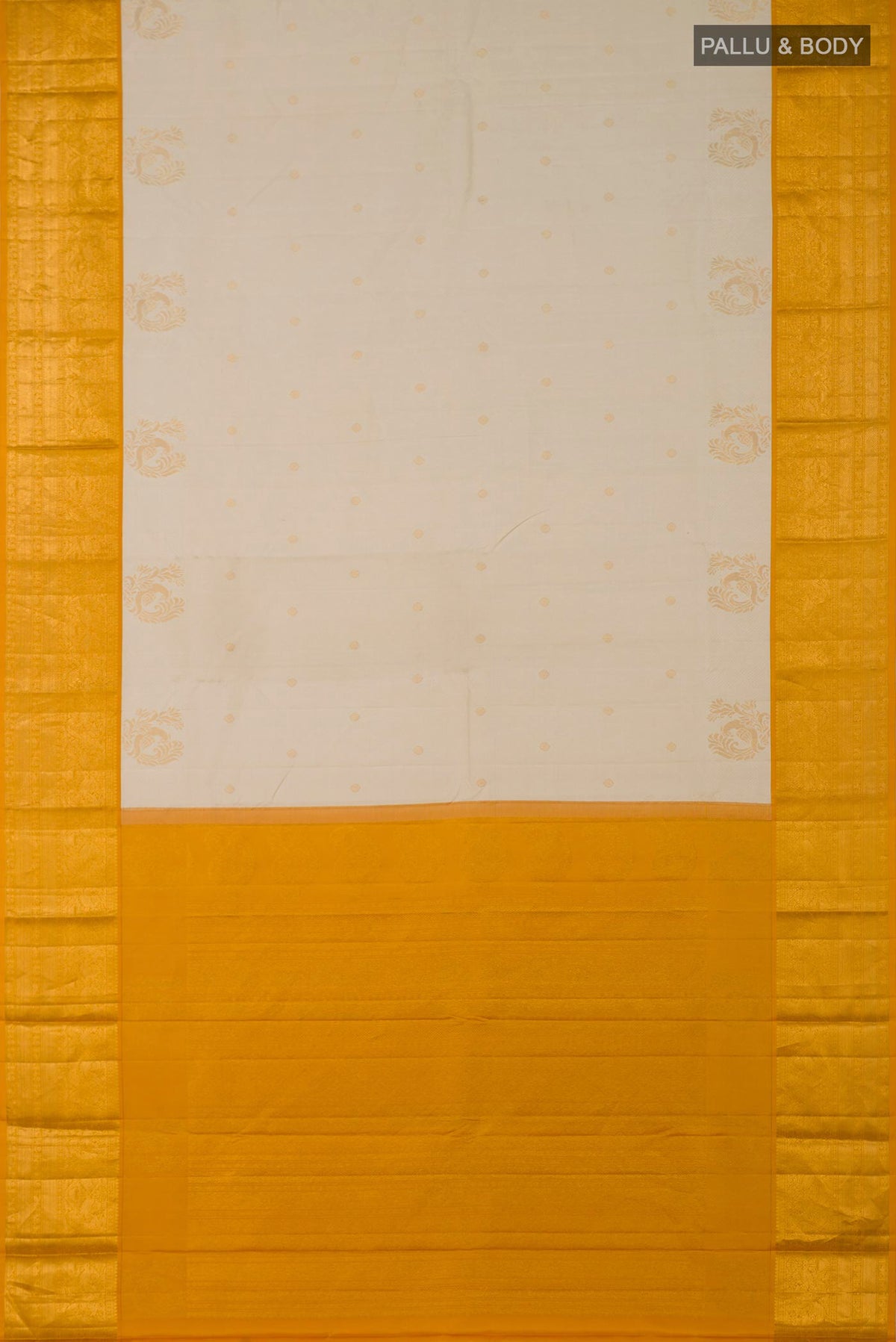 Flat view of Cream Kanjivaram Saree with Zari Butta on the body and Zari Border. 