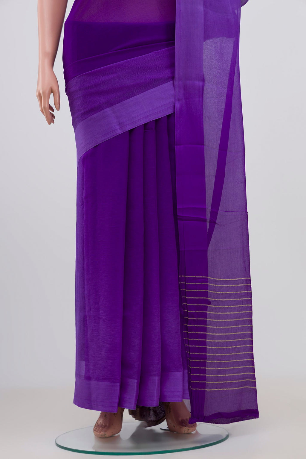 Pleats and pallu of Navy Blue Chiffon Saree with Plain Body and Plain Border. 