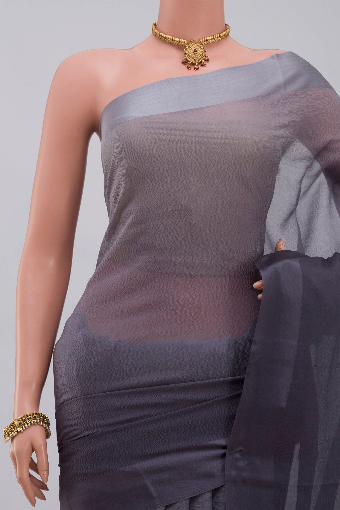 Border image of Grey Chiffon Saree with Plain Body and Plain Border. 