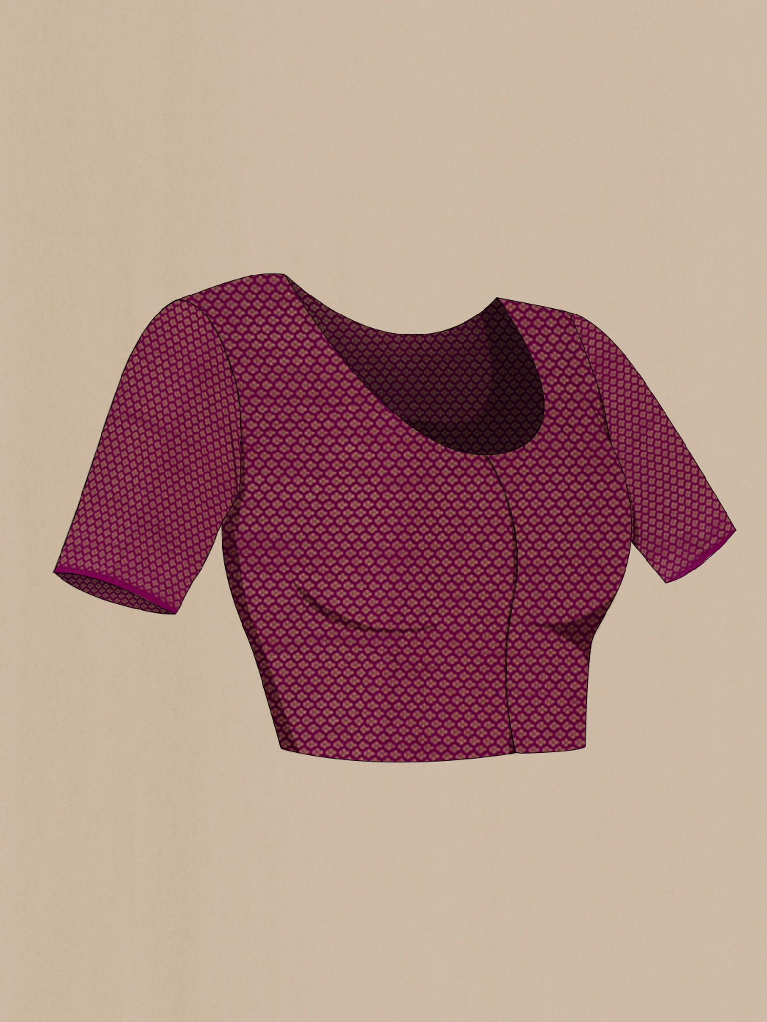 Close up image of the blouse of Purple Chiffon Saree with Plain Body and Zari Border. 