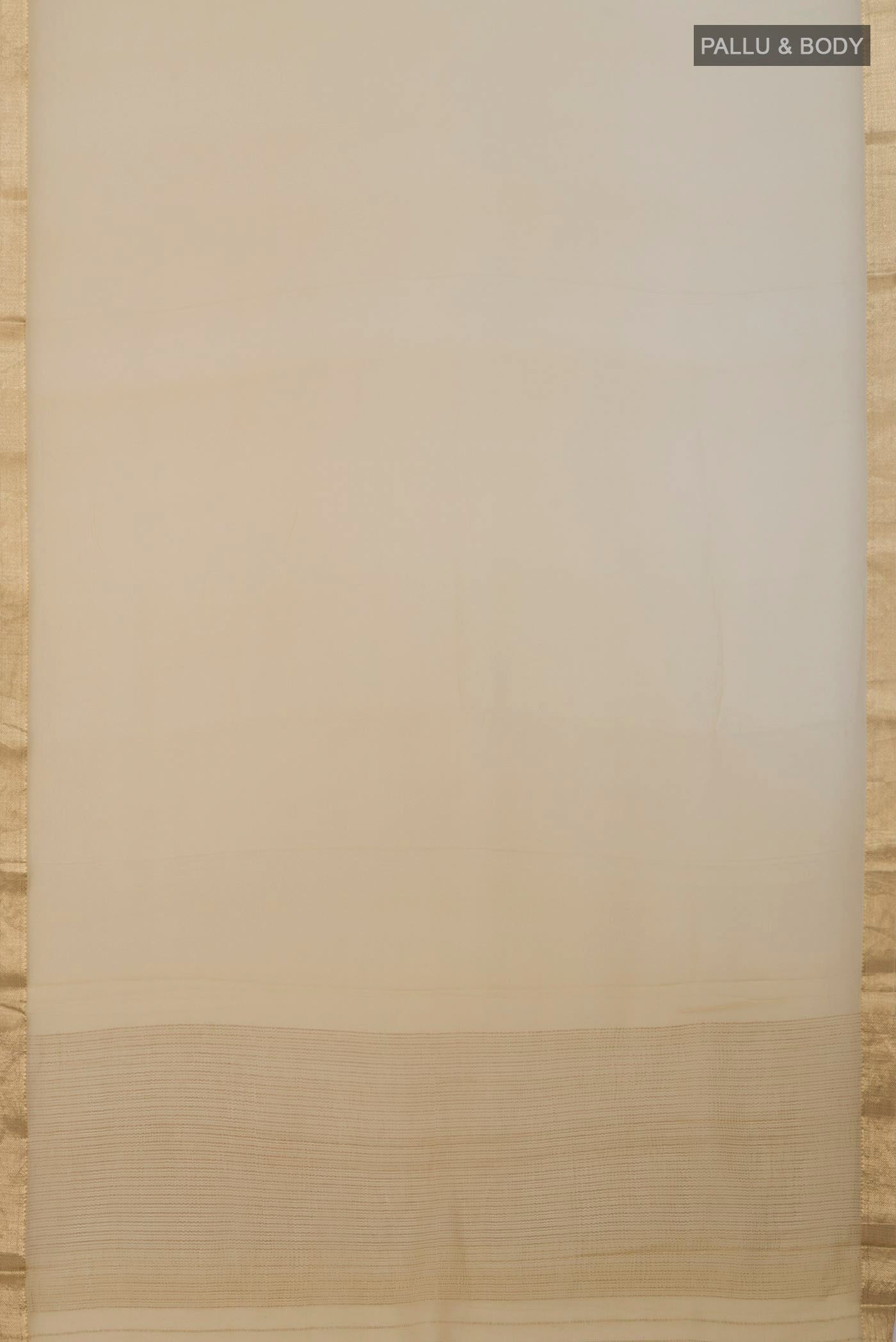 Flat view of Multi Color Mysore Chiffon Saree with Ombre design on the body and Zari Border. 