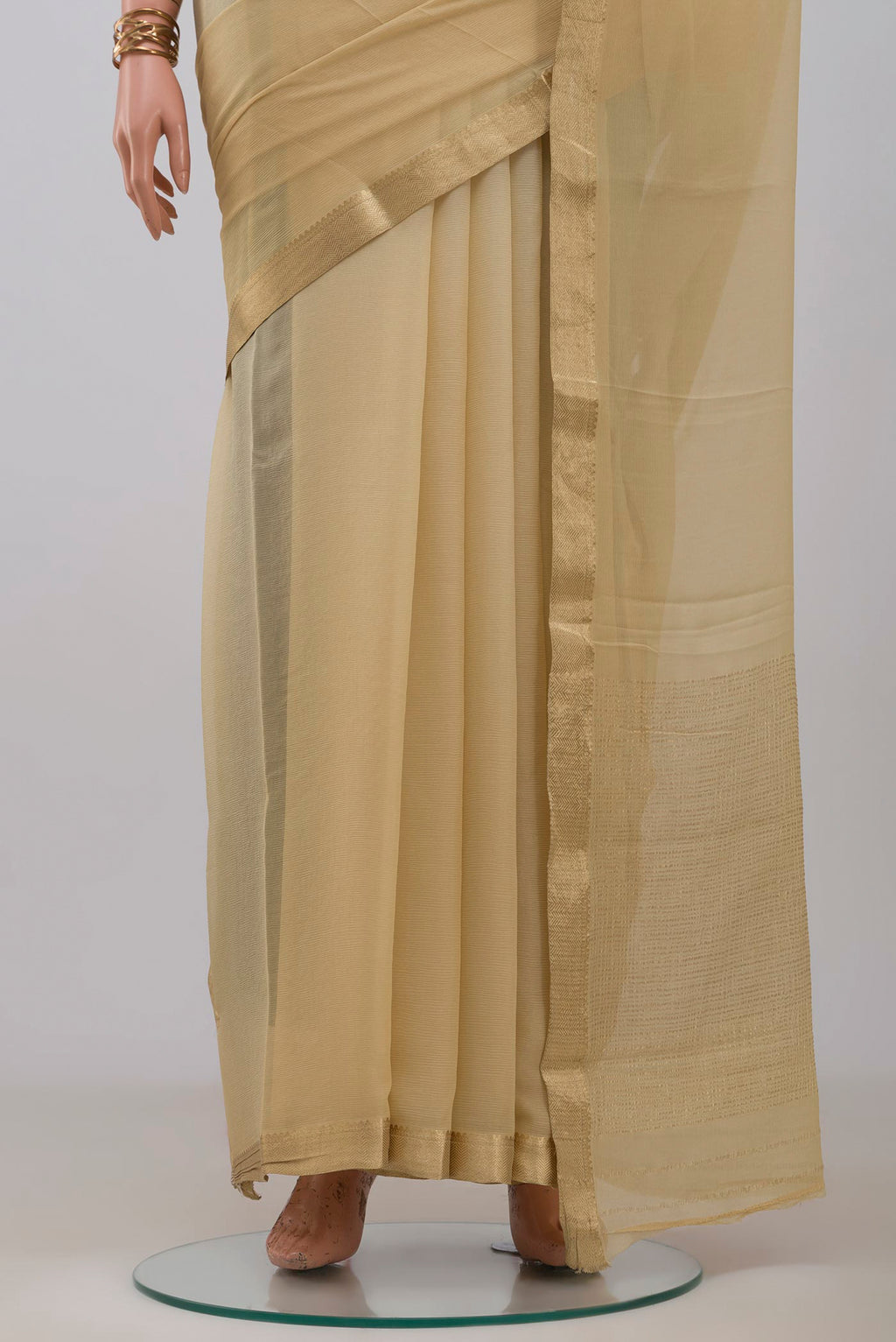 Pleats and pallu of Multi Color Mysore Chiffon Saree with Ombre design on the body and Zari Border. 