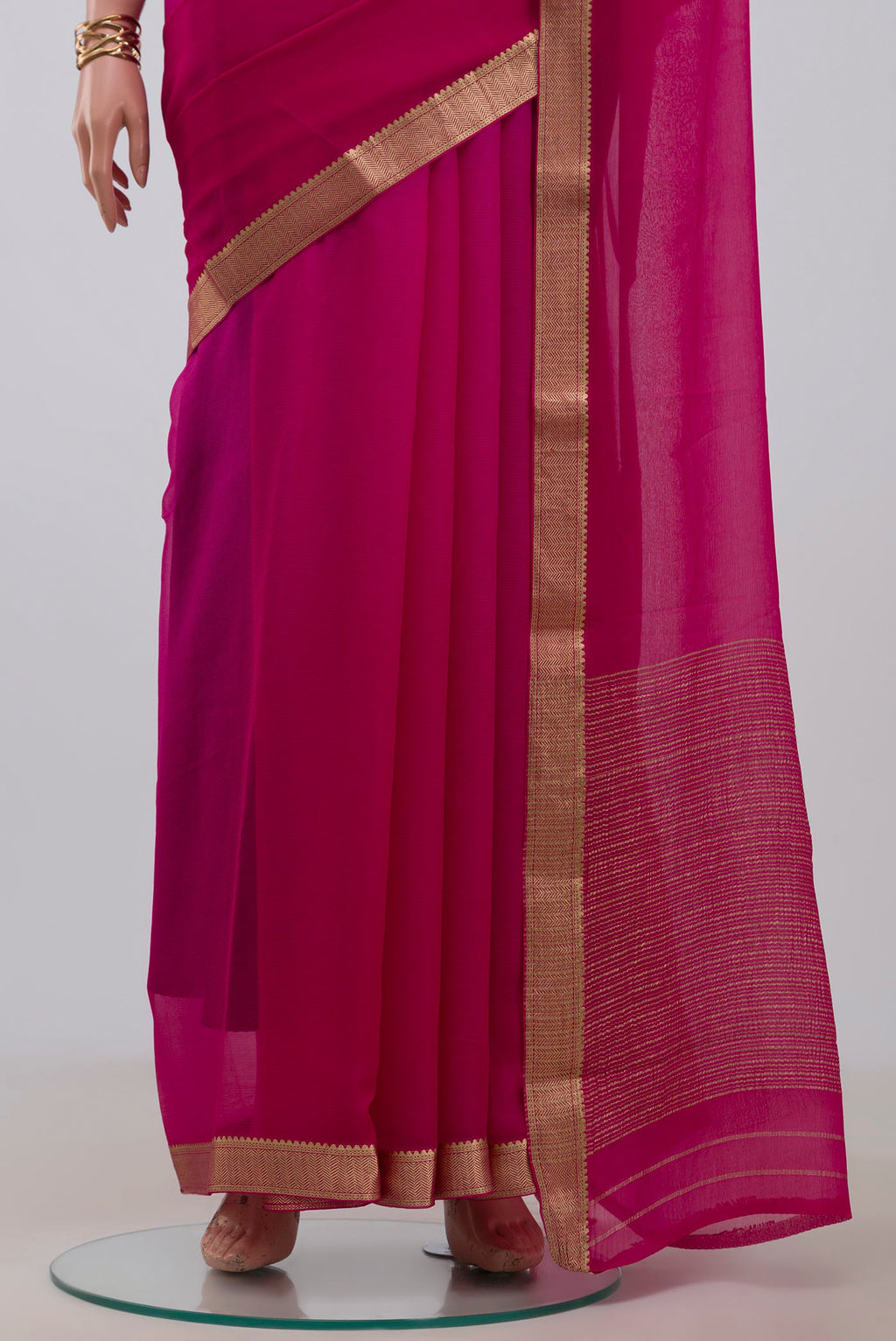 Pleats and pallu of Multi Color Mysore Chiffon Saree with Ombre design on the body and Zari Border. 