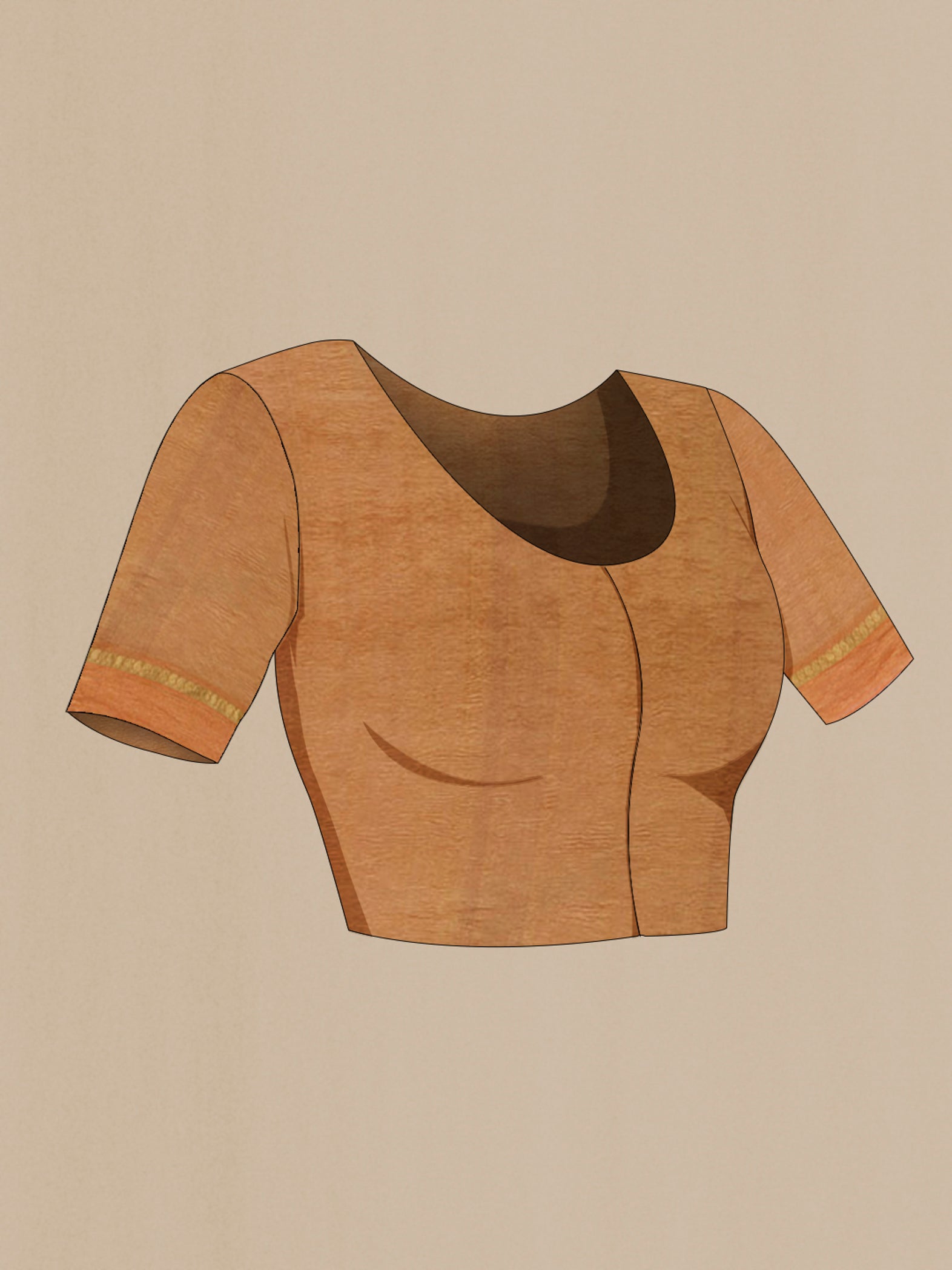Close up image of the blouse of Orange Chiffon Saree with Plain Body and Zari Border. 