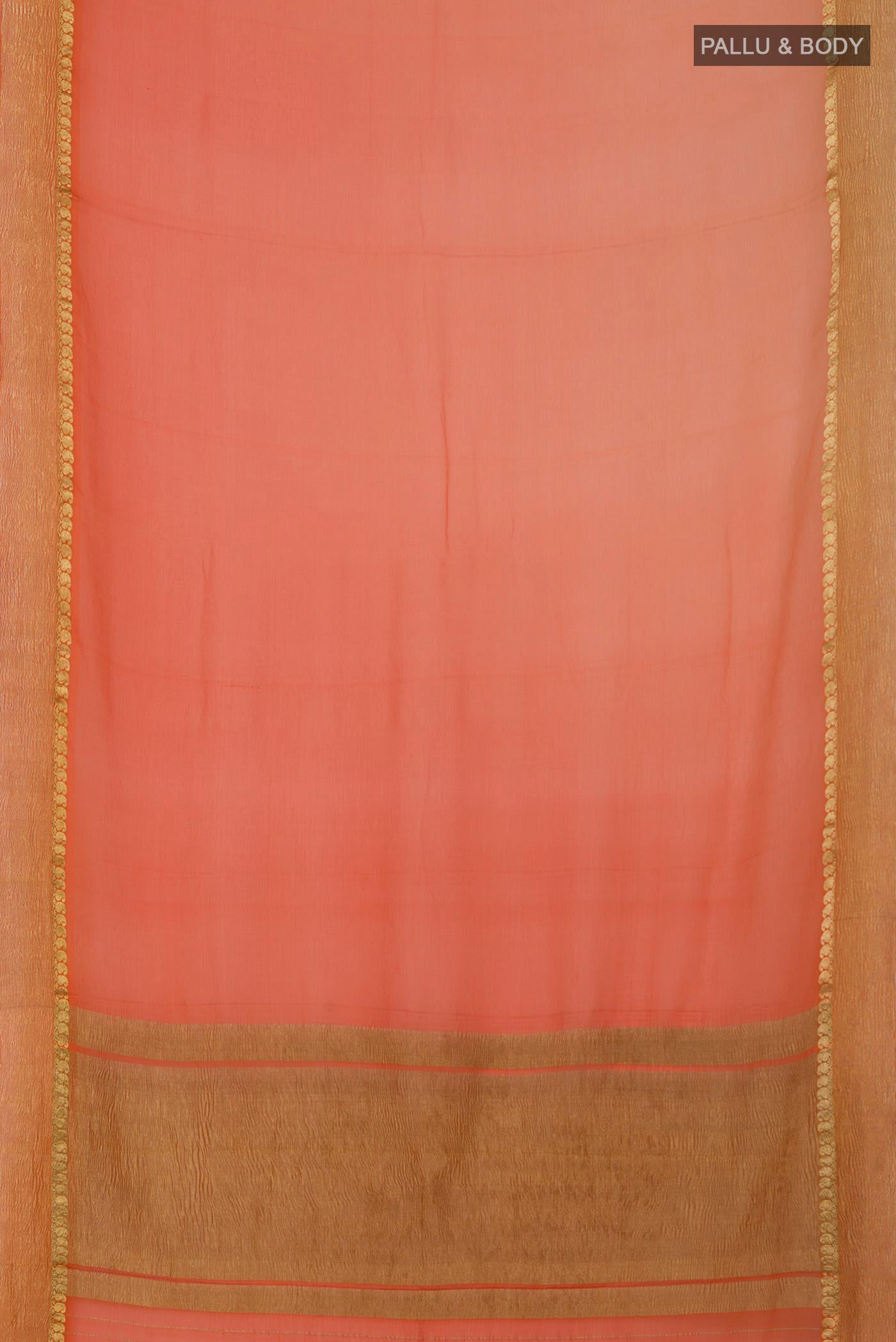 Flat view of Orange Chiffon Saree with Plain Body and Zari Border. 