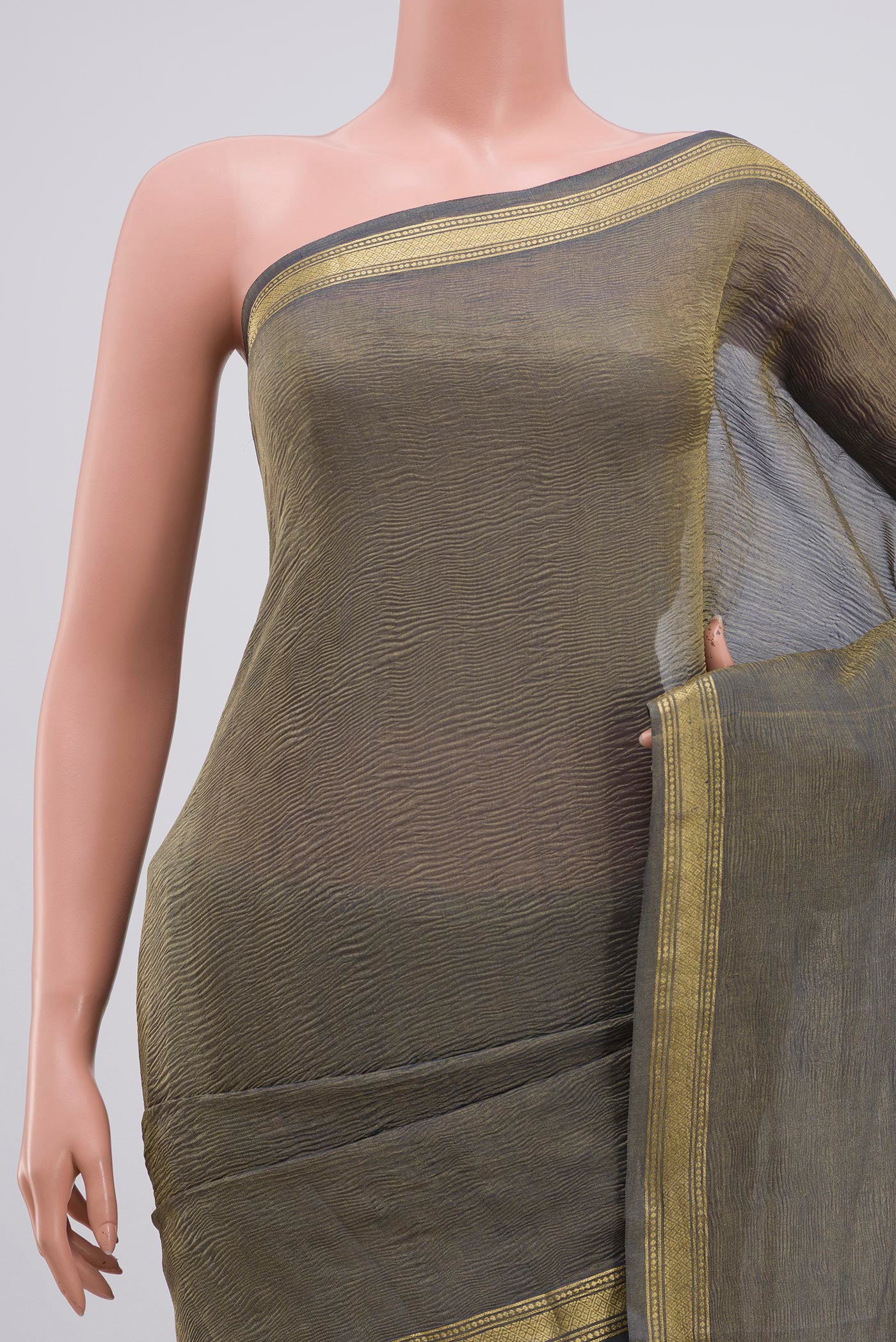 Border image of Blue Grey Chiffon Saree with Fancy on the body and Zari Border. 