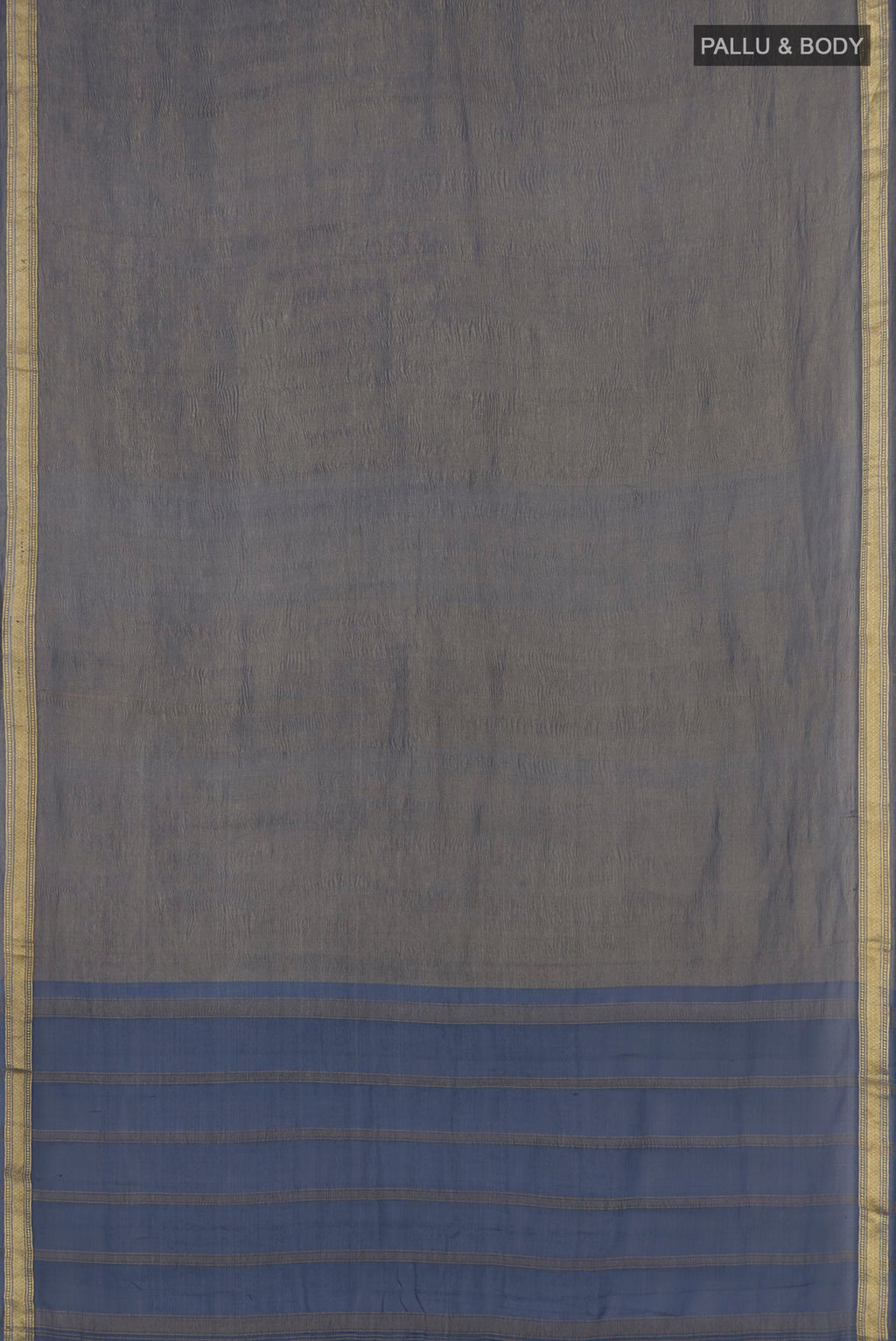 Flat view of Blue Grey Chiffon Saree with Fancy on the body and Zari Border. 