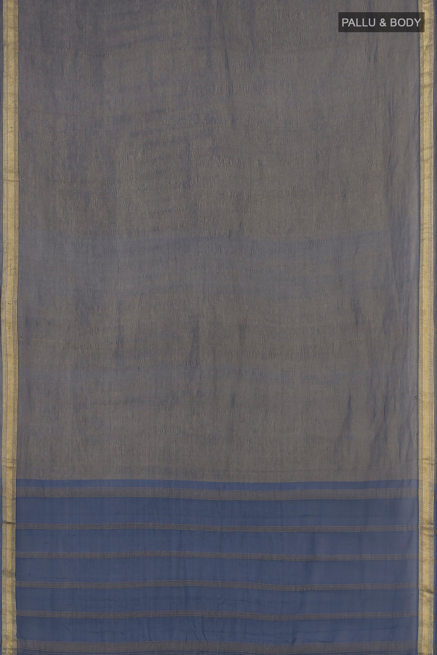 Flat view of Blue Grey Chiffon Saree with Fancy on the body and Zari Border. 