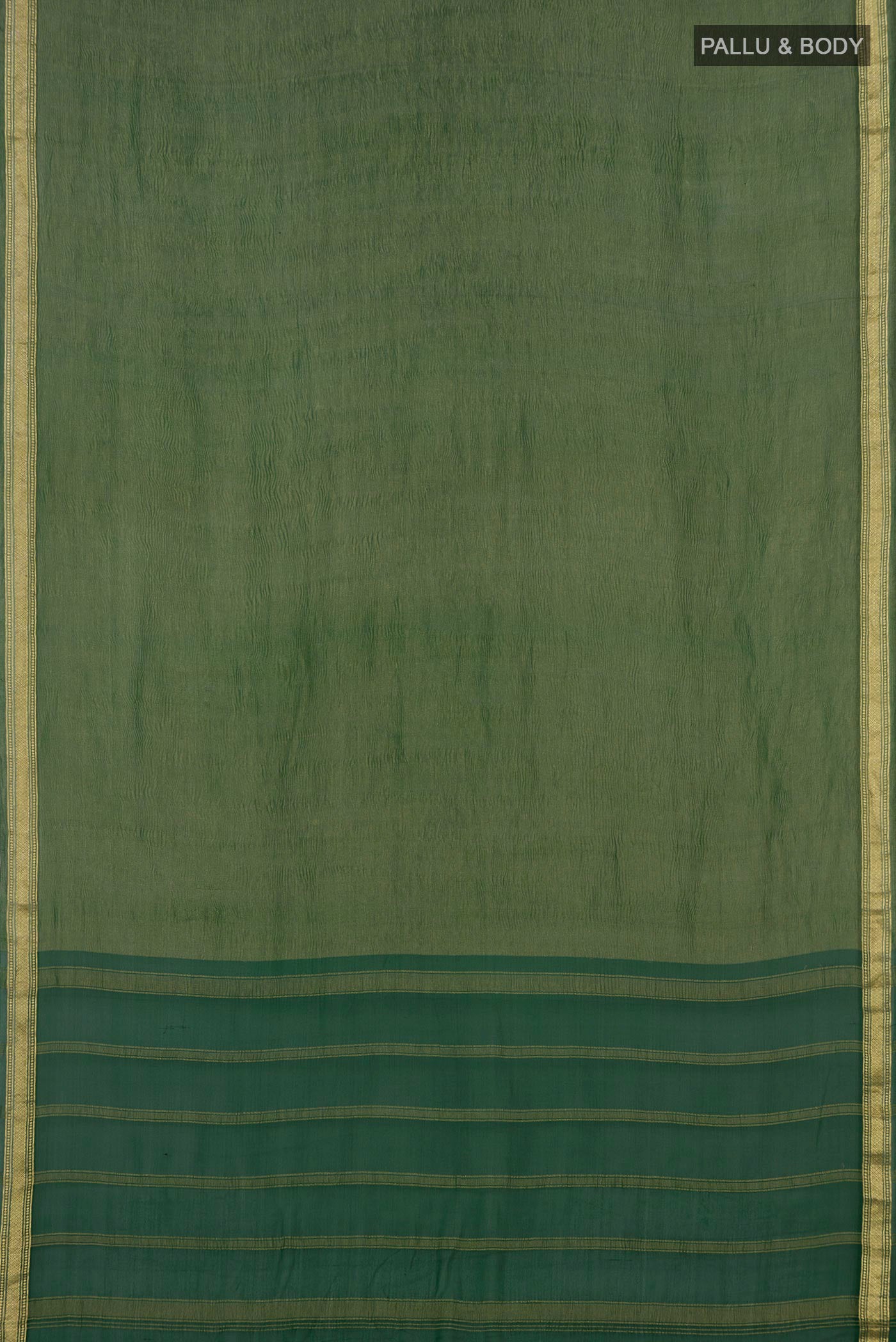 Flat view of Green Chiffon Saree with Plain Body and Zari Border. 
