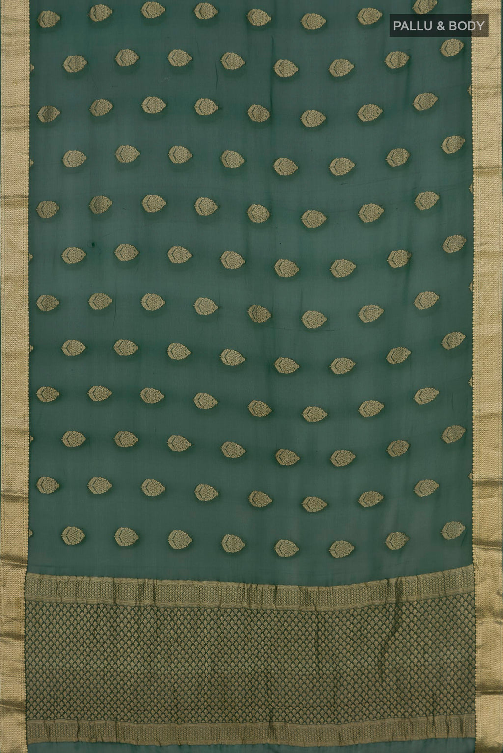 Flat view of Green Georgette Saree with Fancy on the body and Zari Border. 