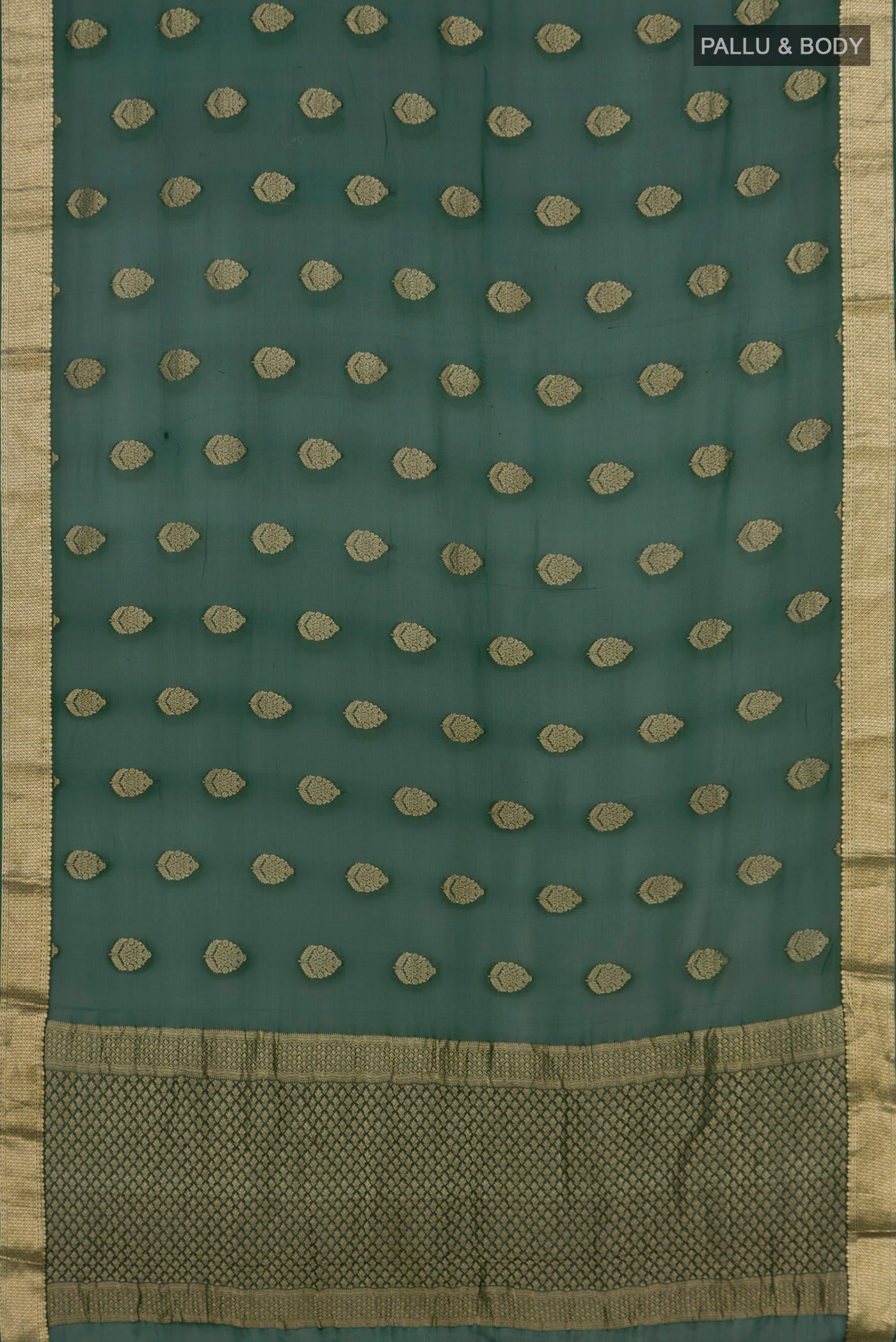 Flat view of Green Georgette Saree with Fancy on the body and Zari Border. 