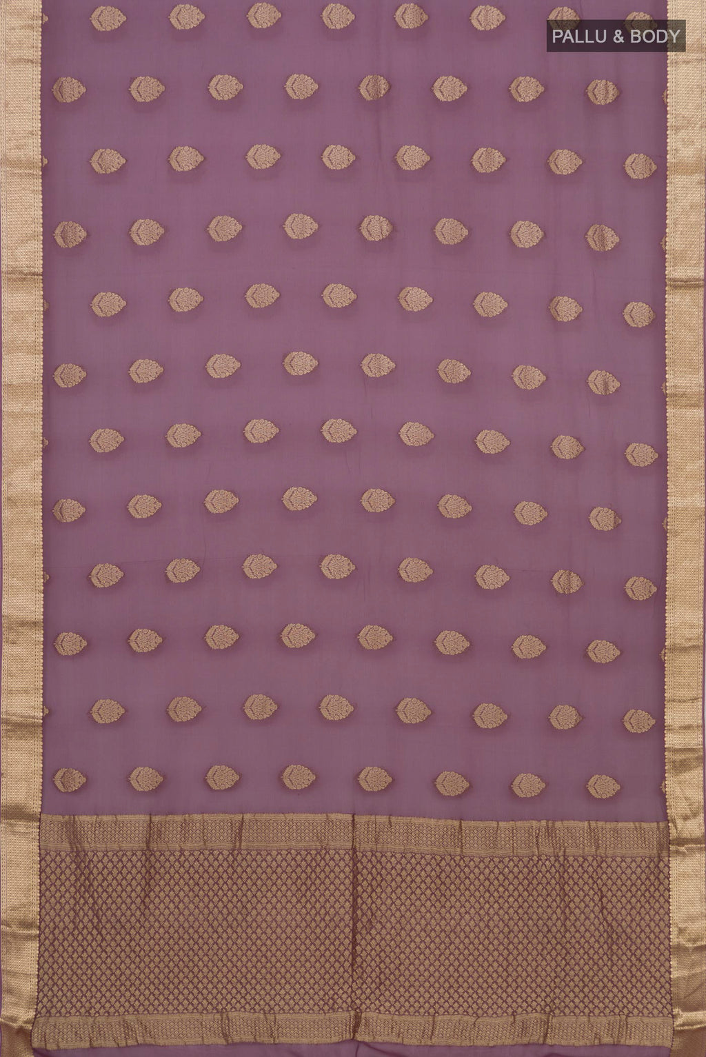 Flat view of Lavender Georgette Saree with Fancy on the body and Zari Border. 