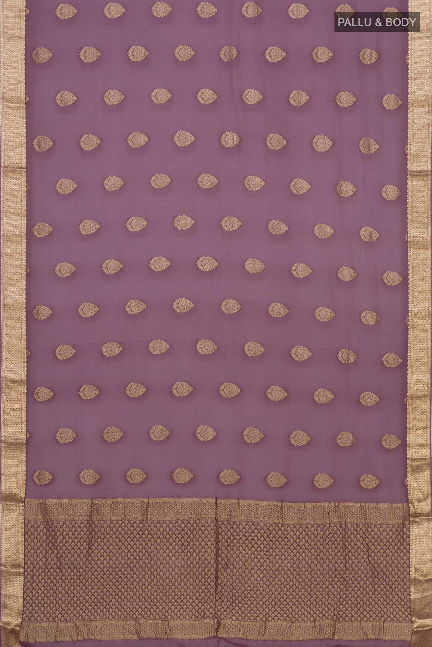 Flat view of Lavender Georgette Saree with Fancy on the body and Zari Border. 