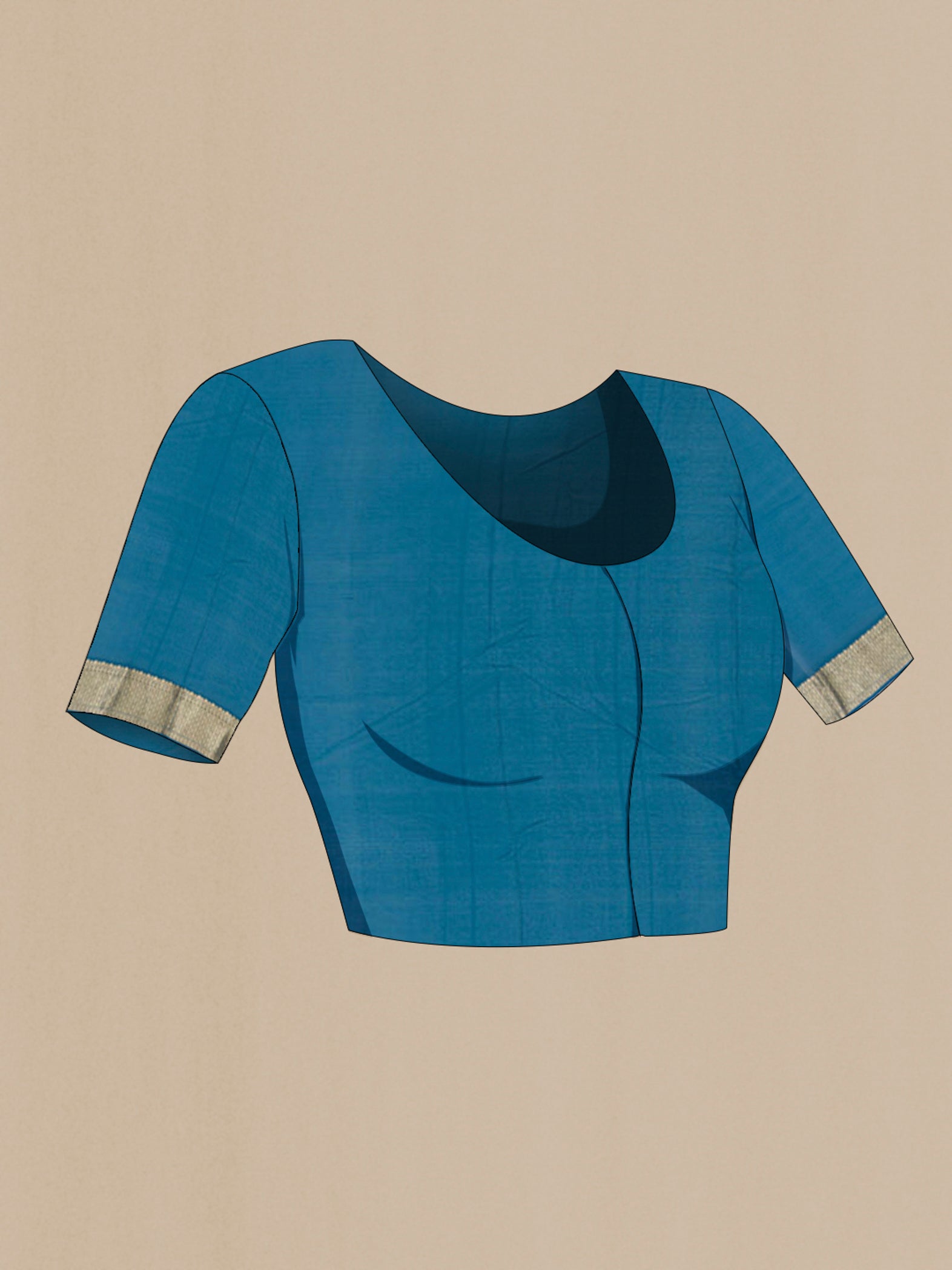 Close up image of the blouse of Blue Georgette Saree with Fancy on the body and Zari Border. 