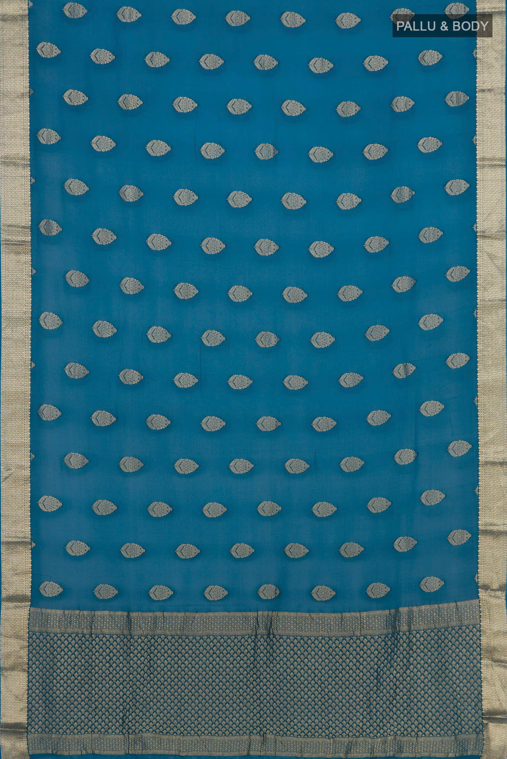 Flat view of Blue Georgette Saree with Fancy on the body and Zari Border. 
