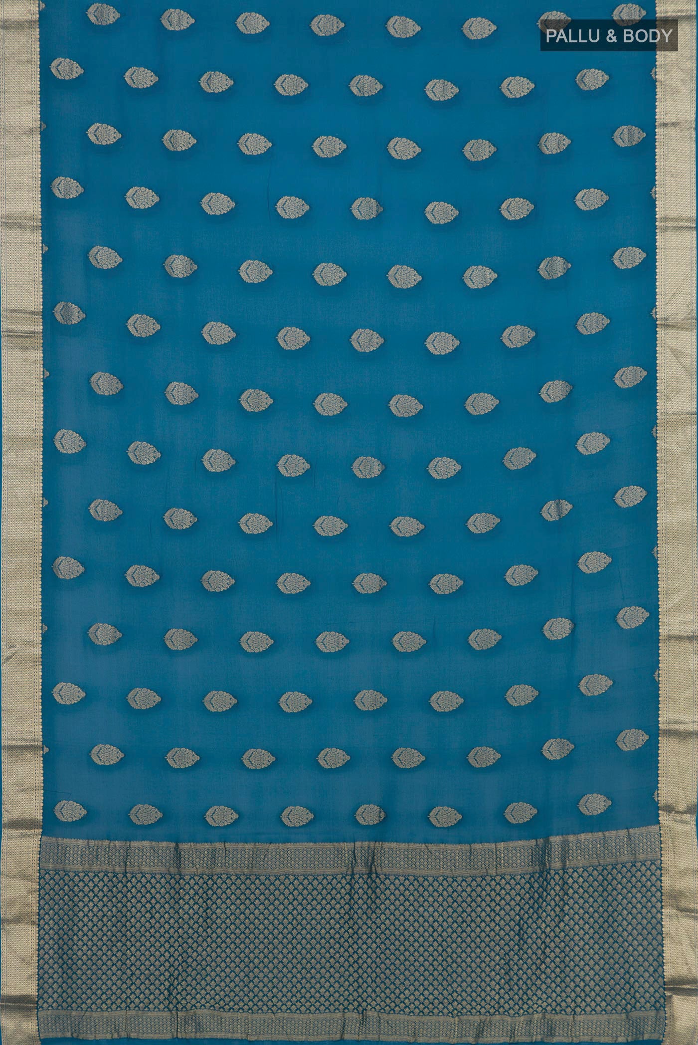 Flat view of Blue Georgette Saree with Fancy on the body and Zari Border. 