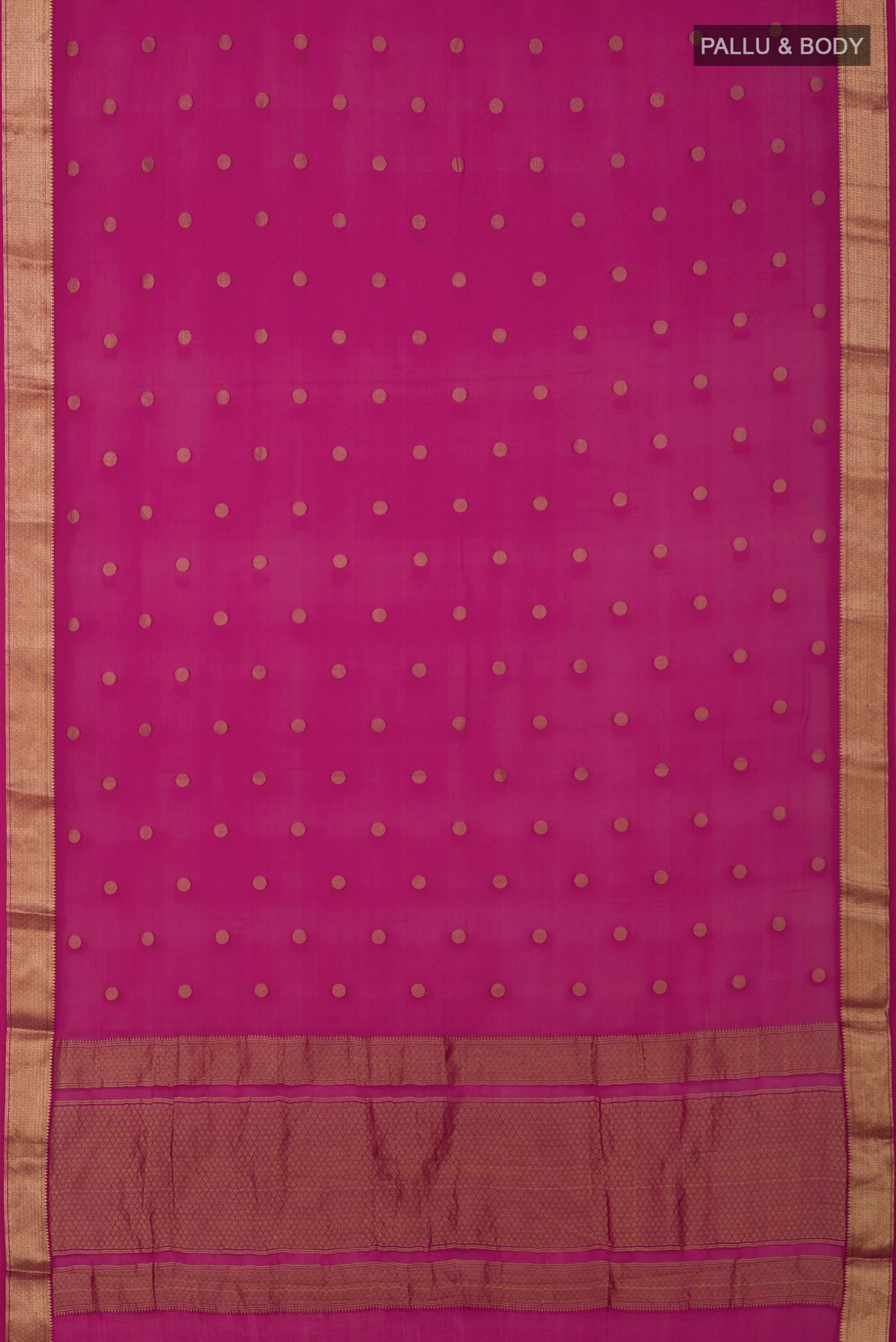 Flat view of Pink Georgette Saree with Zari Butta on the body and Zari Border. 
