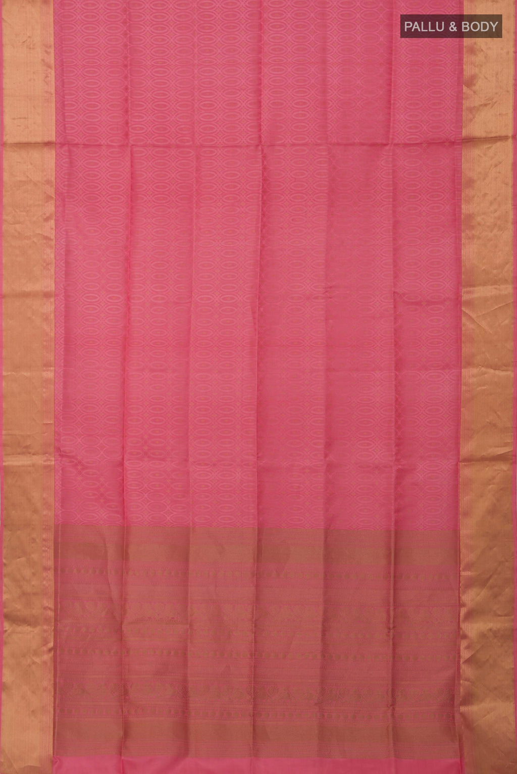 Flat view of Pink Soft Silk Saree with Jacquard With Zari Butta on the body and Zari Border. 