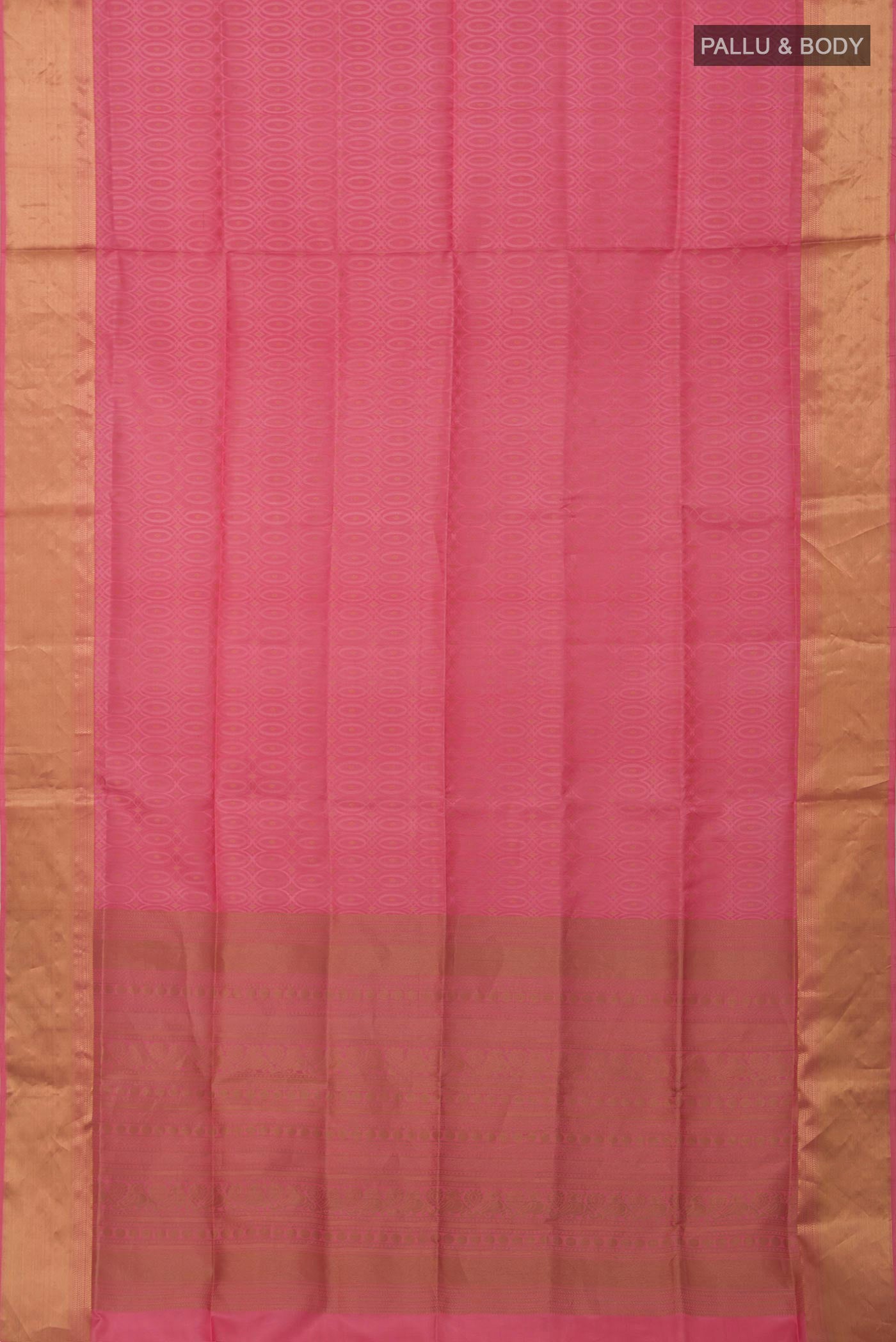 Flat view of Pink Soft Silk Saree with Jacquard With Zari Butta on the body and Zari Border. 