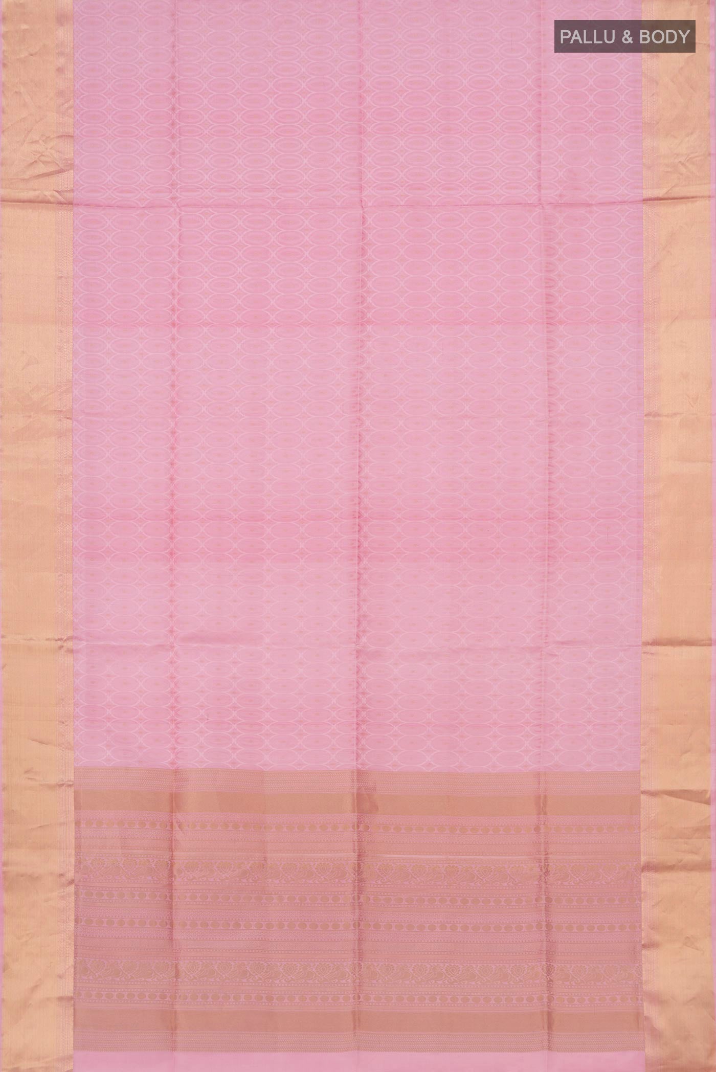 Flat view of Pink Soft Silk Saree with Jacquard With Zari Butta on the body and Zari Border. 