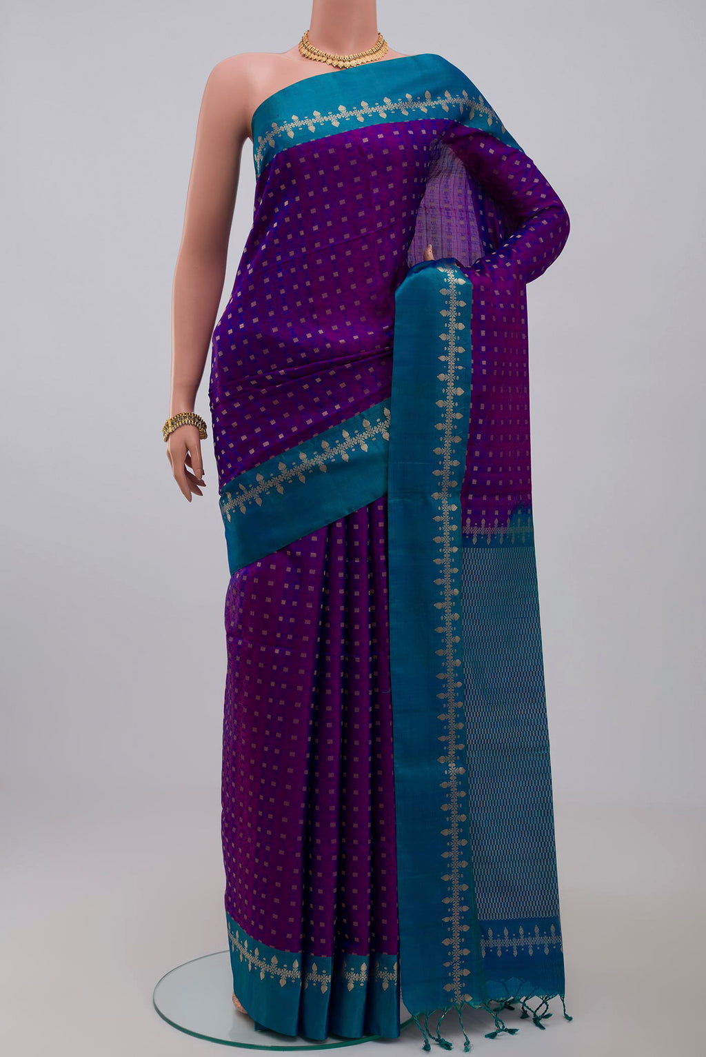 Purple Soft Silk Saree with Jacquard With Zari Butta on the body and Zari Border.  displayed on a mannequin