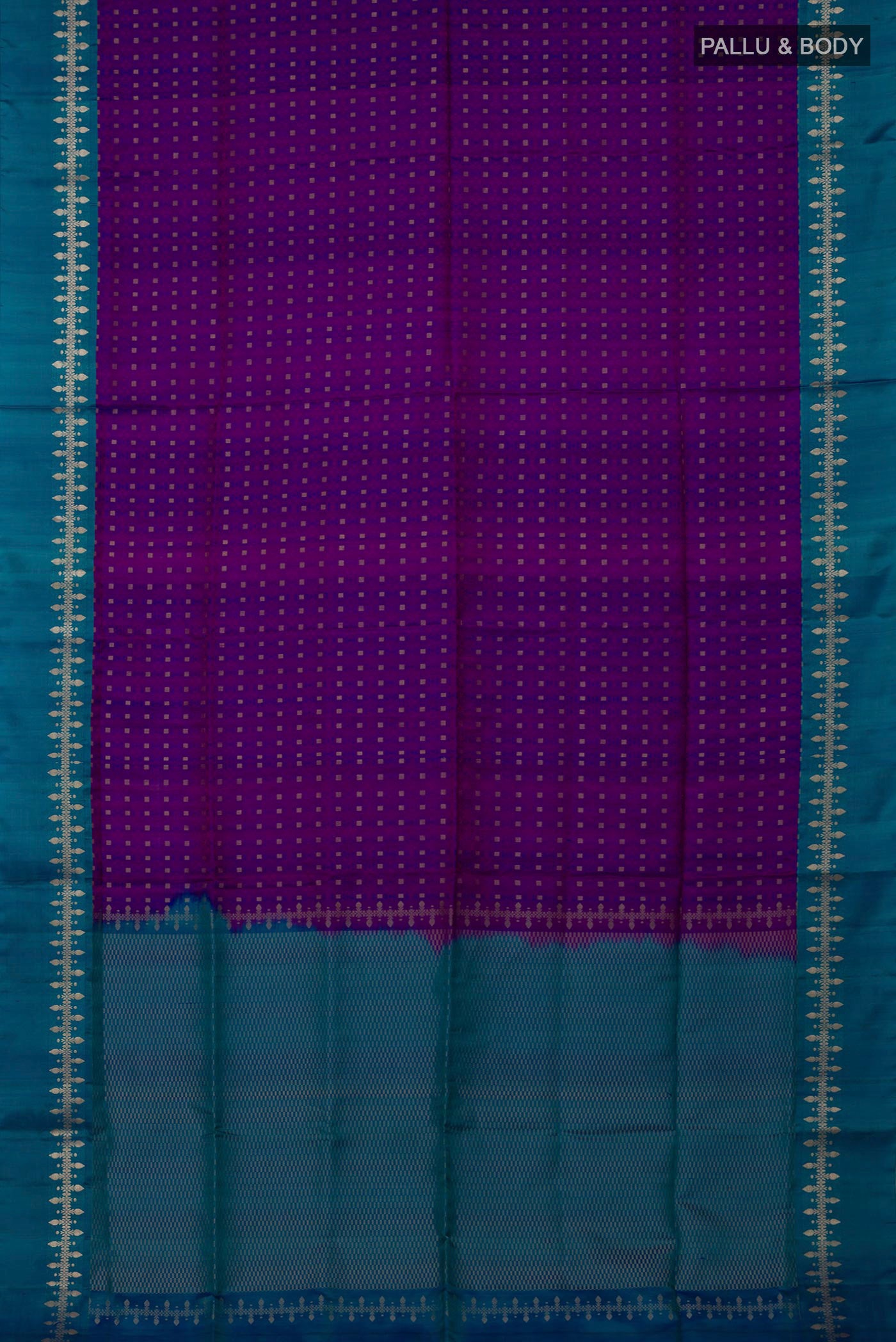 Flat view of Purple Soft Silk Saree with Jacquard With Zari Butta on the body and Zari Border. 