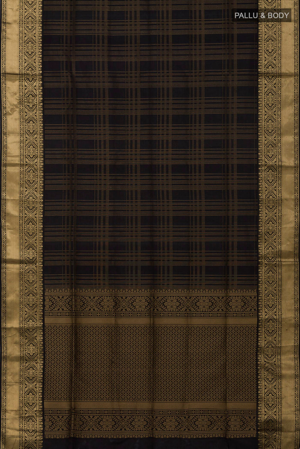 Flat view of Black Soft Silk Saree with Checked design on the body and Zari Border. 