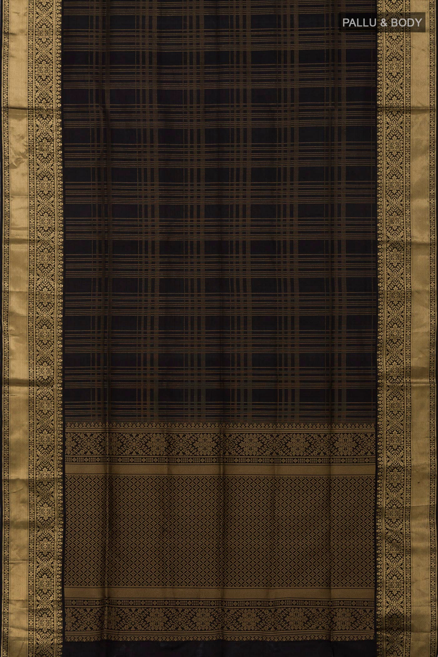 Flat view of Black Soft Silk Saree with Checked design on the body and Zari Border. 