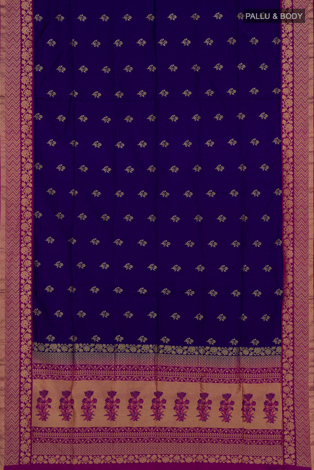 Flat view of Blue Soft Silk Saree with Jacquard With Zari Butta on the body and Fancy Border. 