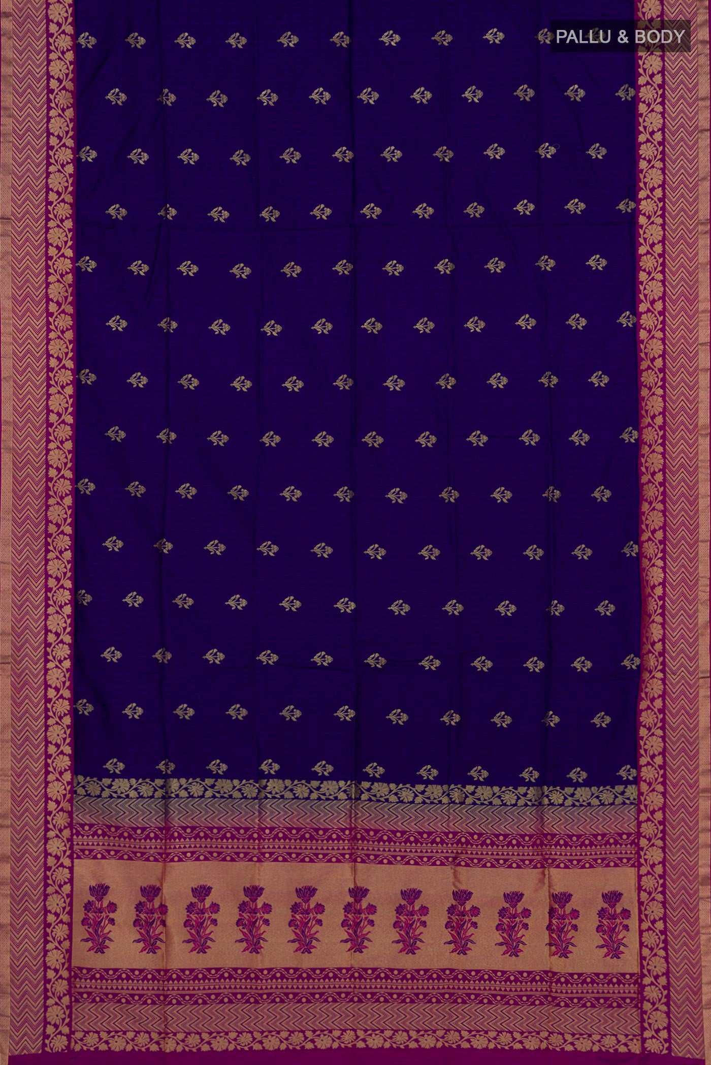 Flat view of Blue Soft Silk Saree with Jacquard With Zari Butta on the body and Fancy Border. 