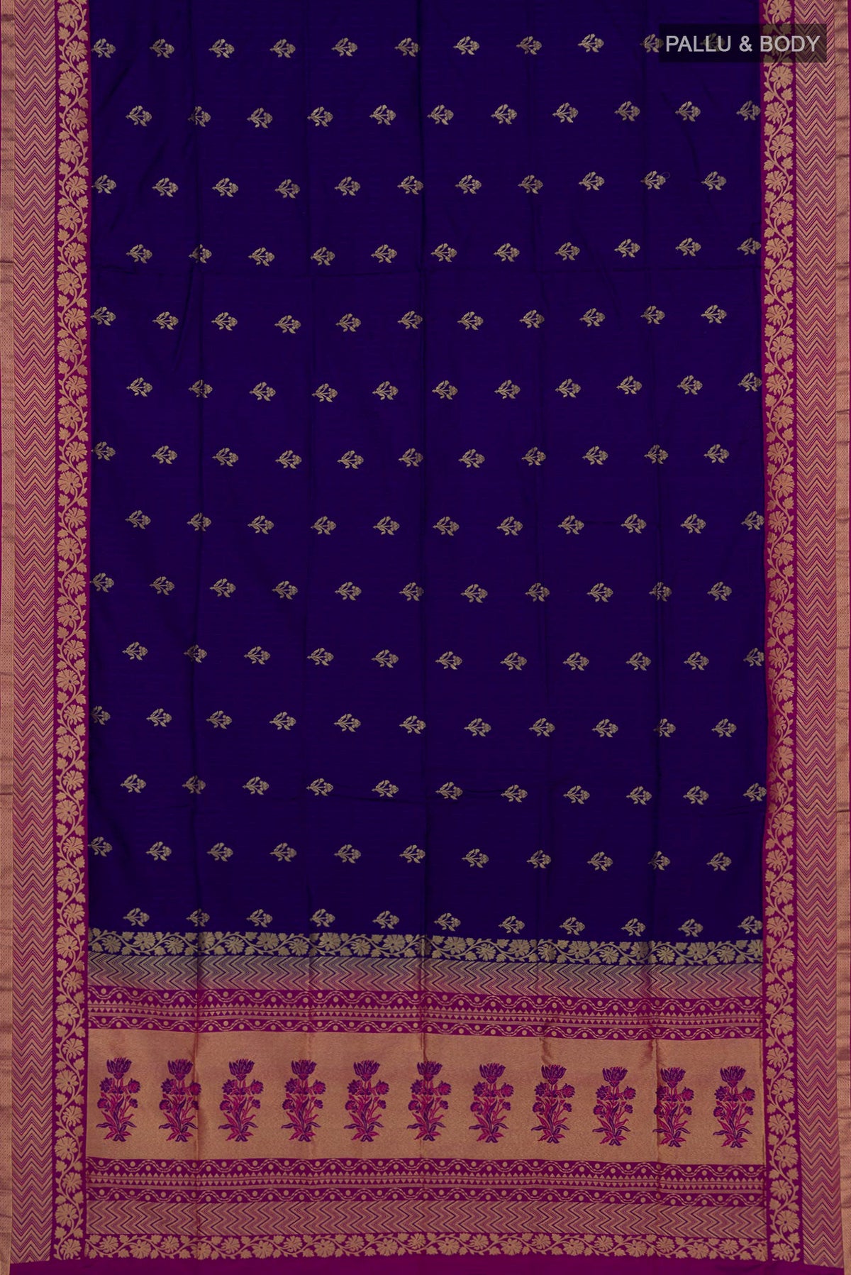 Flat view of Blue Soft Silk Saree with Jacquard With Zari Butta on the body and Fancy Border. 