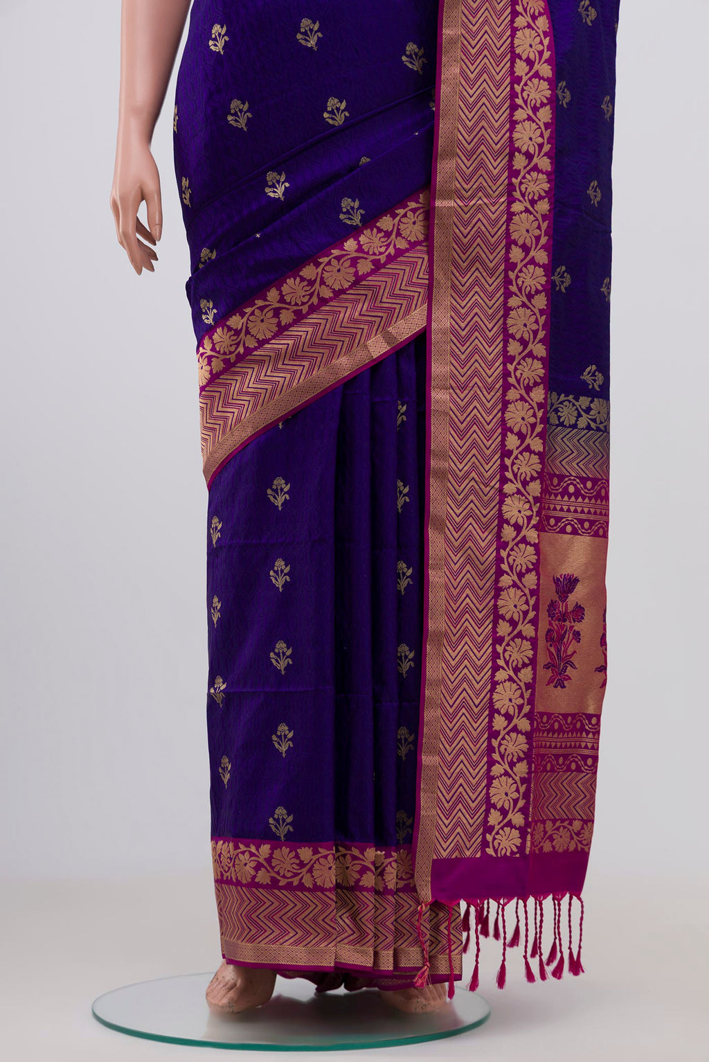 Pleats and pallu of Blue Soft Silk Saree with Jacquard With Zari Butta on the body and Fancy Border. 