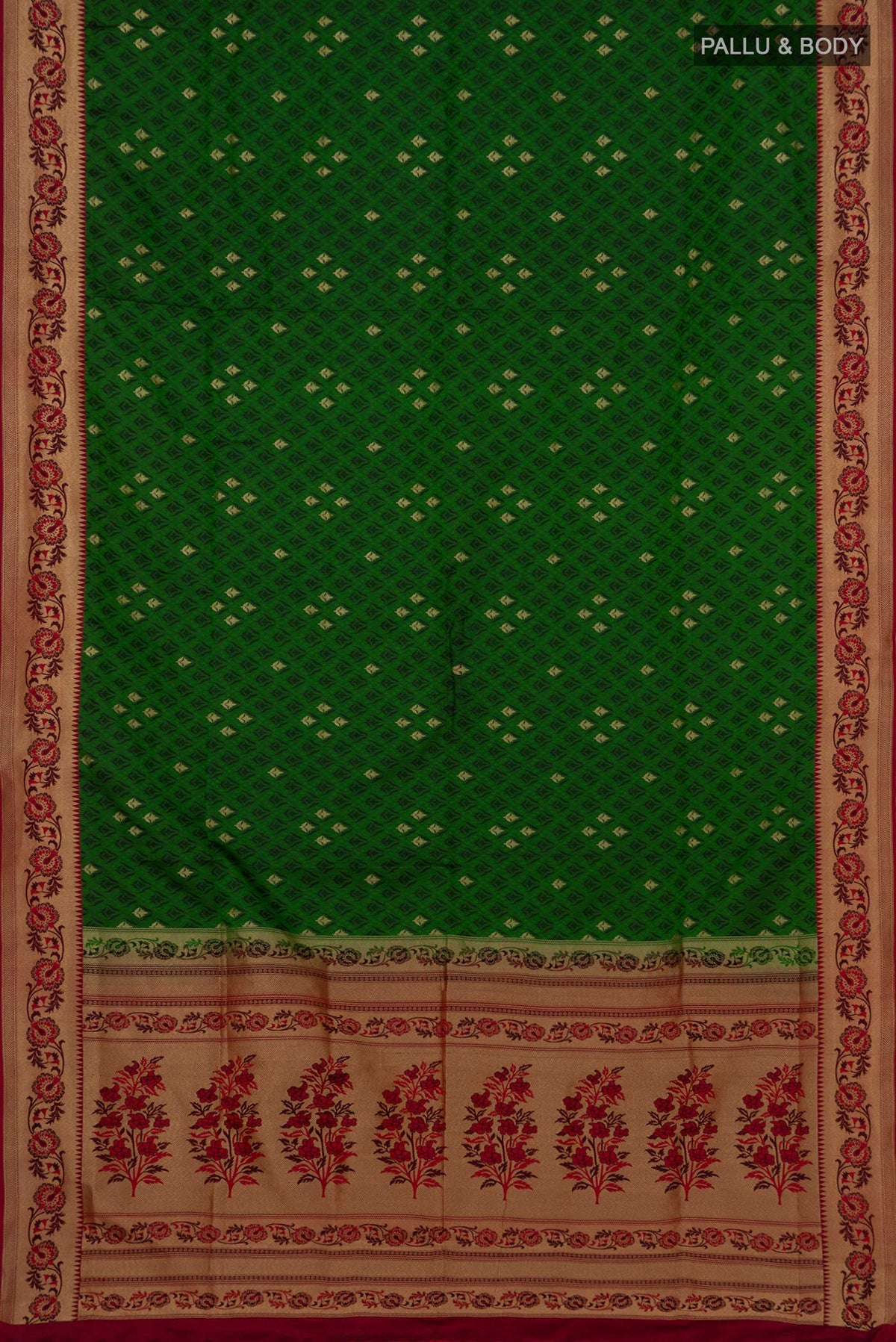 Flat view of Green Soft Silk Saree with Jacquard With Zari Butta on the body and Zari Border. 