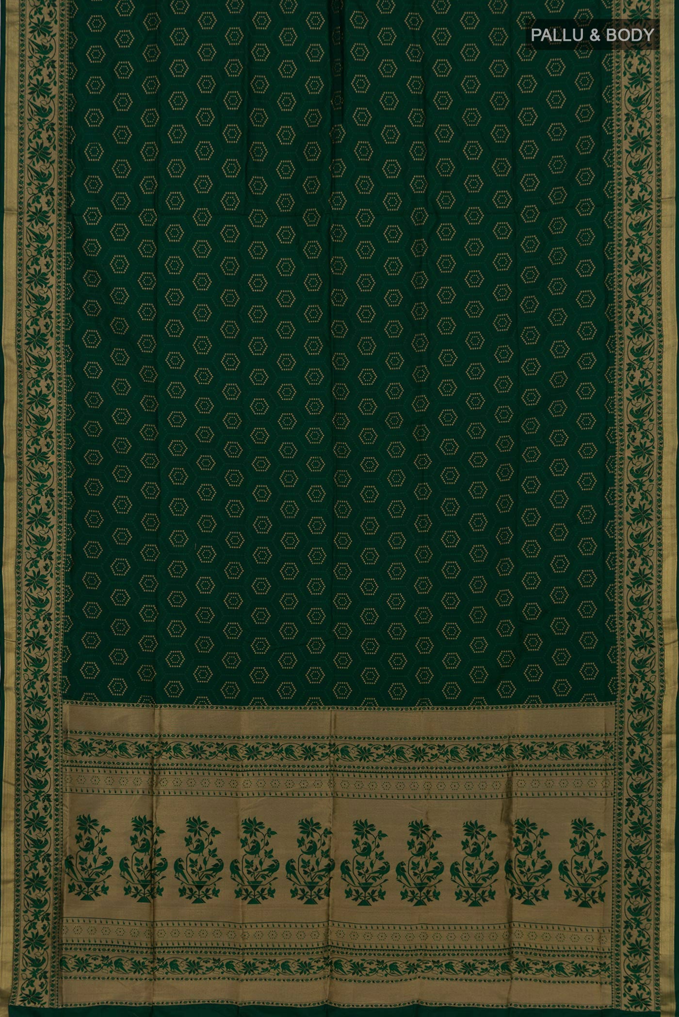 Flat view of Green Soft Silk Saree with Jacquard With Zari Butta on the body and Zari Border. 