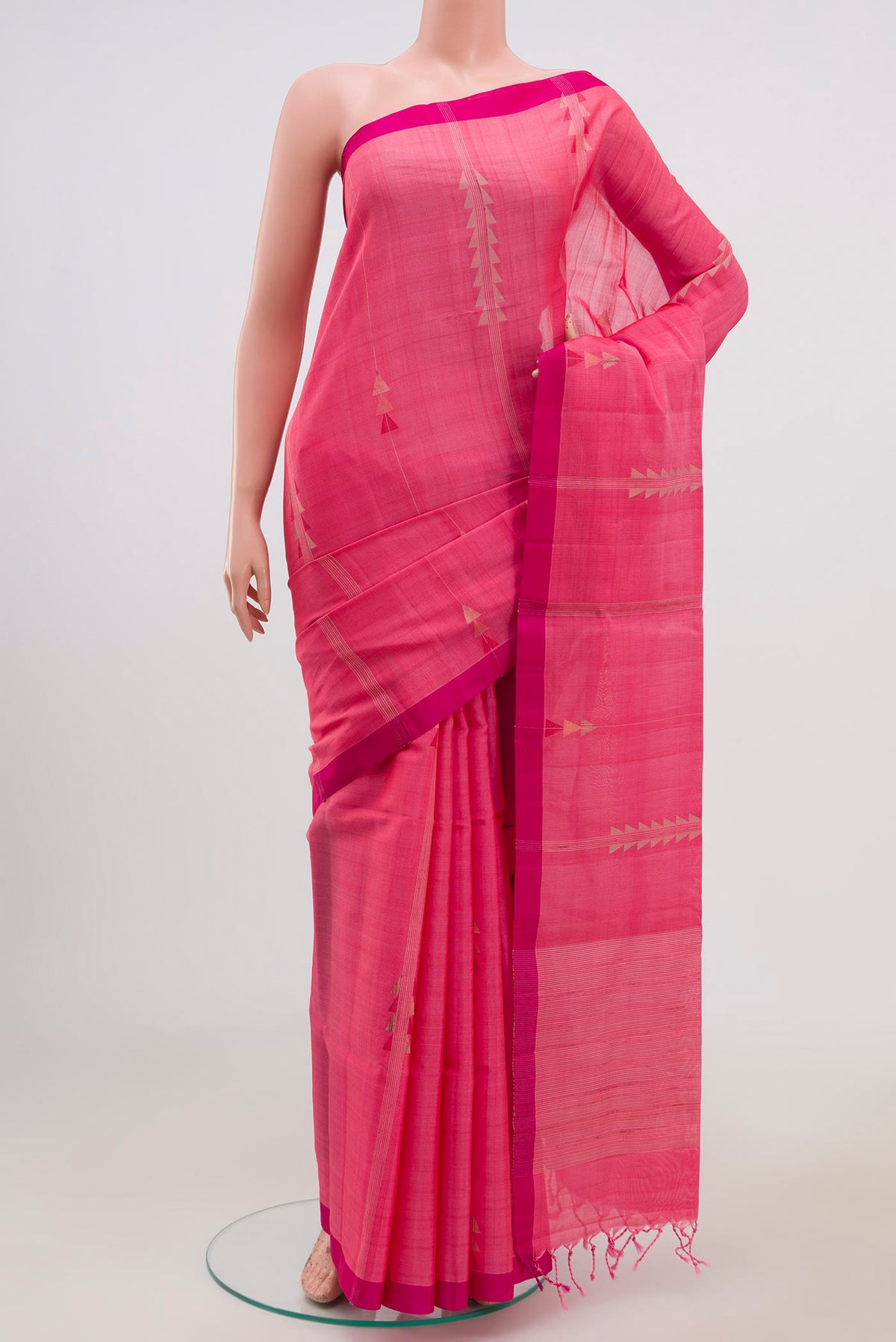 Pink Coimbatore Silk Cotton Saree with Thread Butta on the body and Plain Border.  displayed on a mannequin