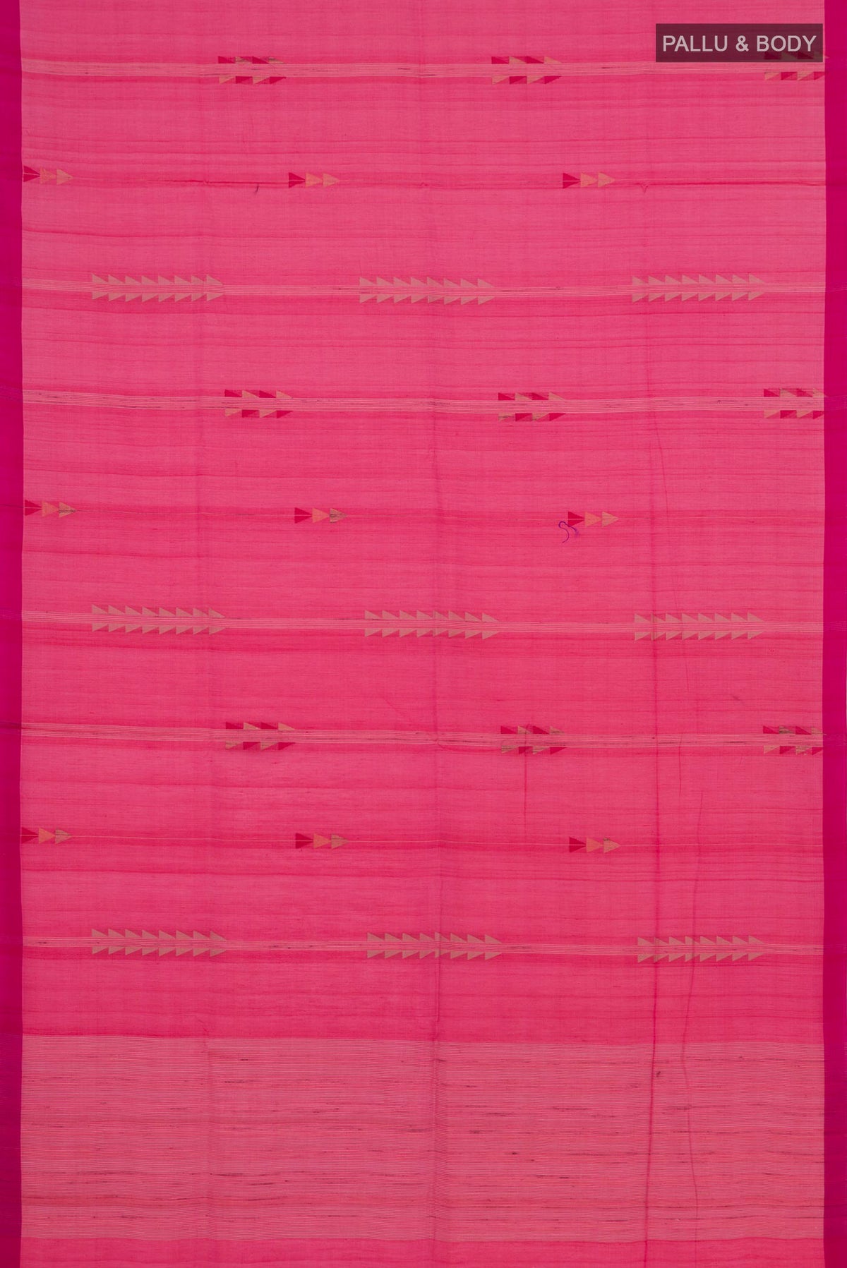 Flat view of Pink Coimbatore Silk Cotton Saree with Thread Butta on the body and Plain Border. 