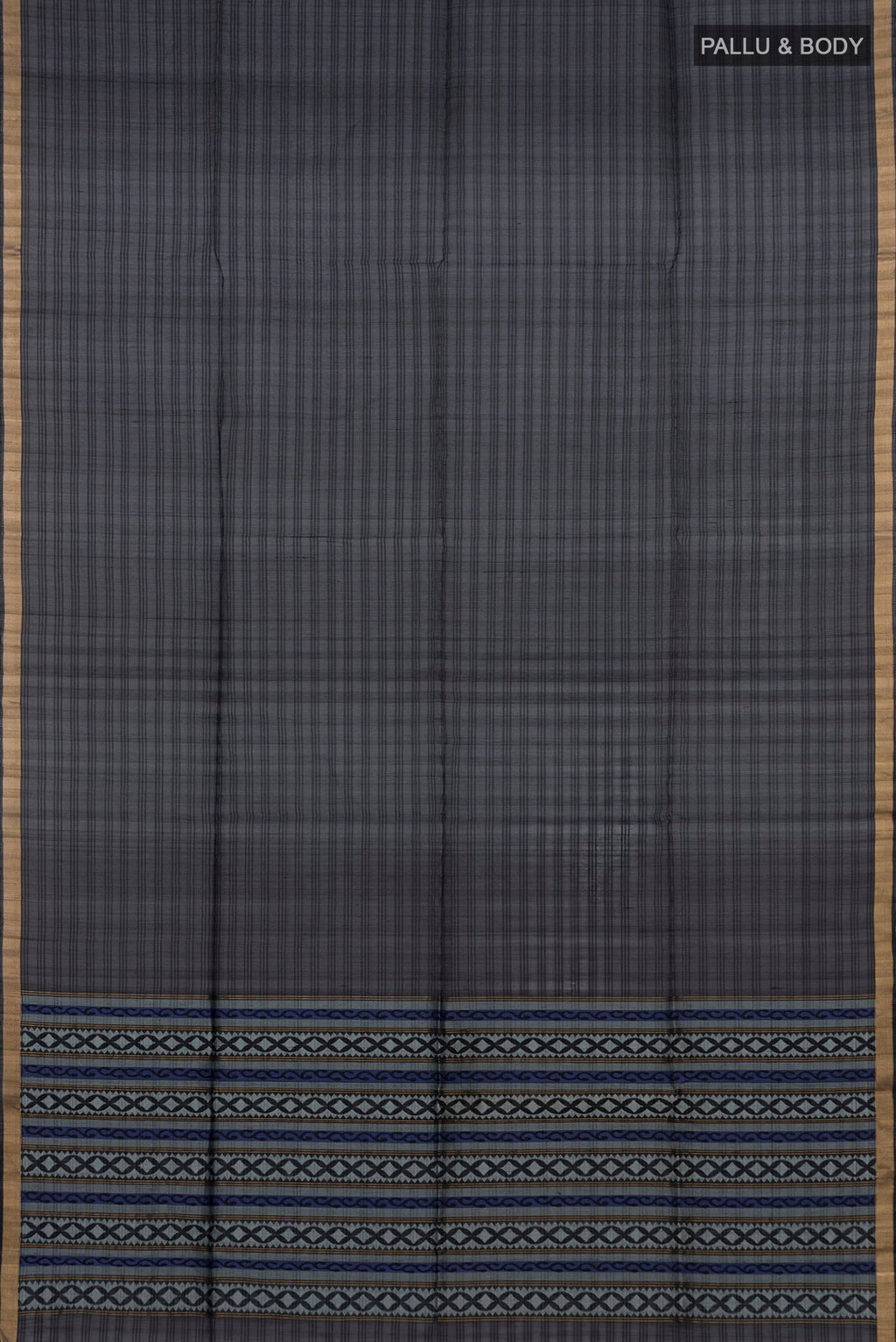 Flat view of Black Silk Cotton Saree with Plain Body and Thin Zari Line. 