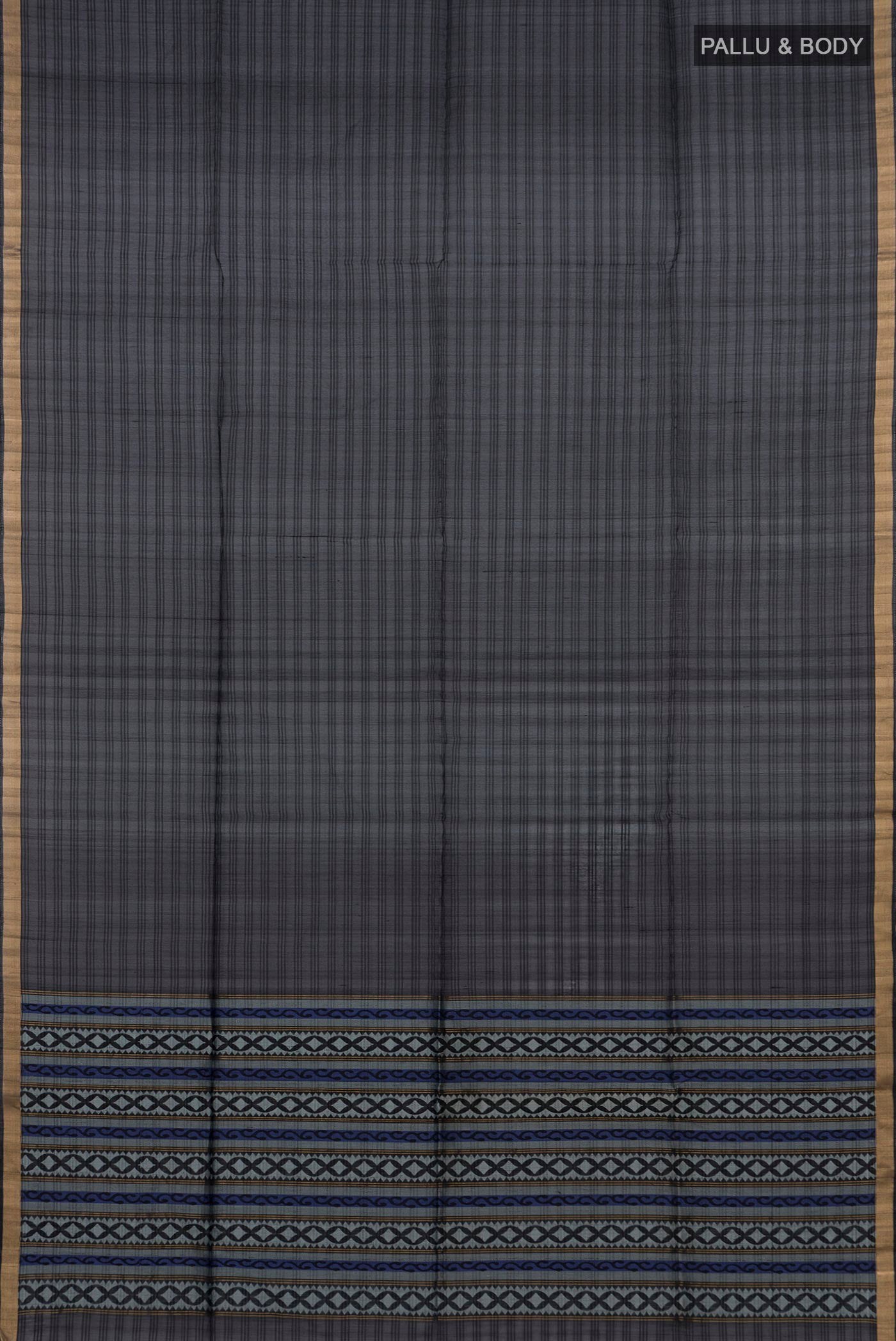Flat view of Black Silk Cotton Saree with Plain Body and Thin Zari Line. 