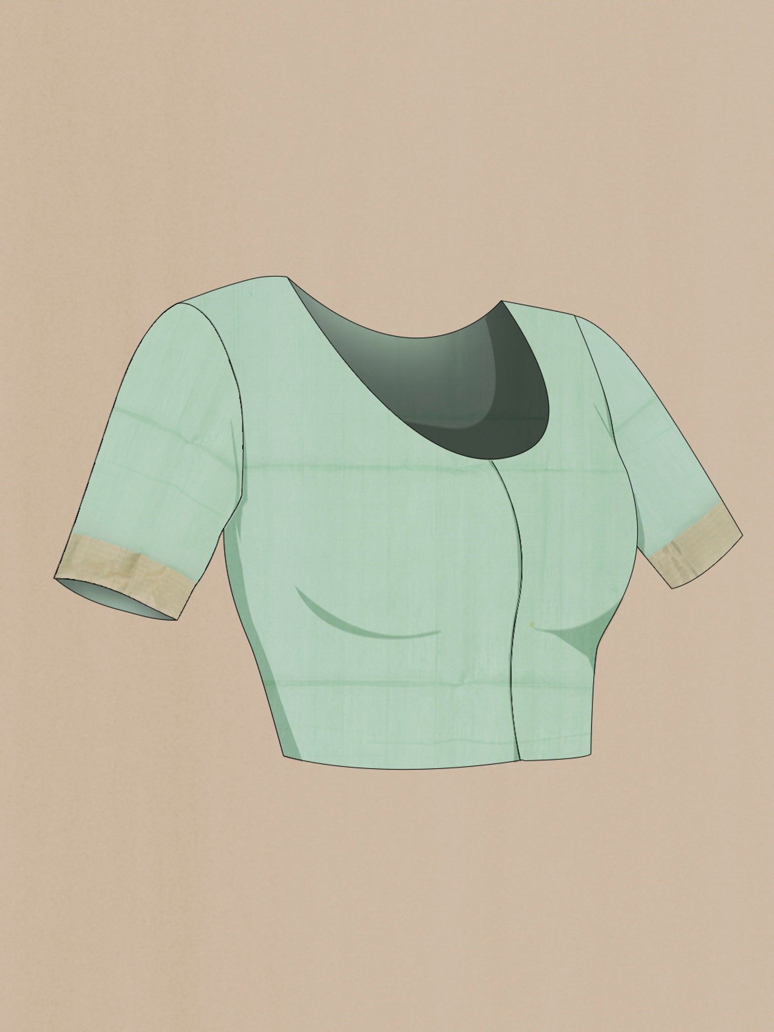 Close up image of the blouse of Pista Green Silk Cotton Saree with Zari And Thread Butta on the body and Zari Border. 