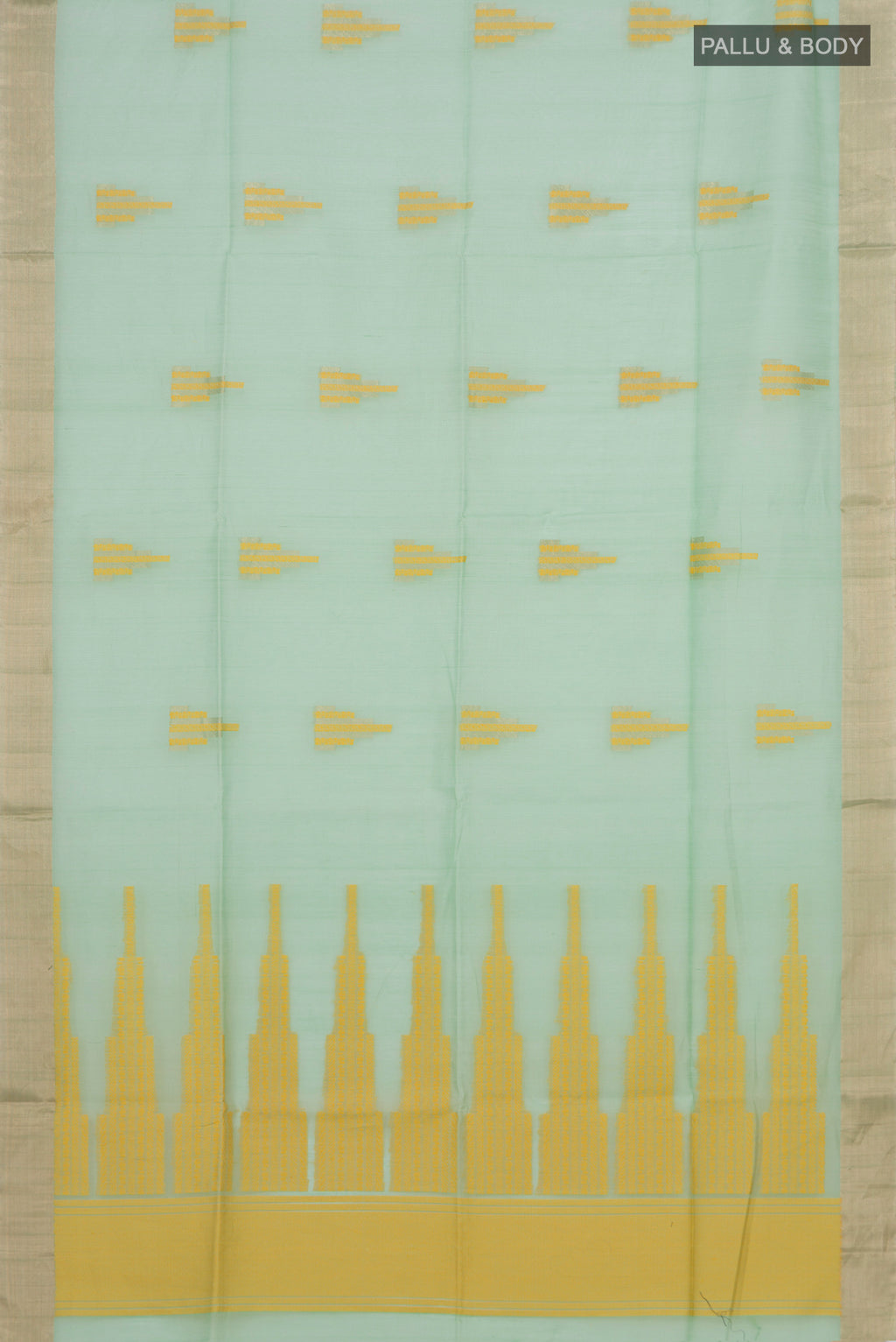 Flat view of Pista Green Silk Cotton Saree with Zari And Thread Butta on the body and Zari Border. 