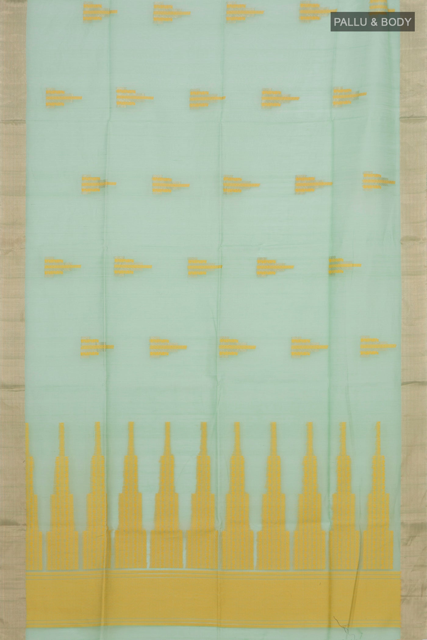 Flat view of Pista Green Silk Cotton Saree with Zari And Thread Butta on the body and Zari Border. 