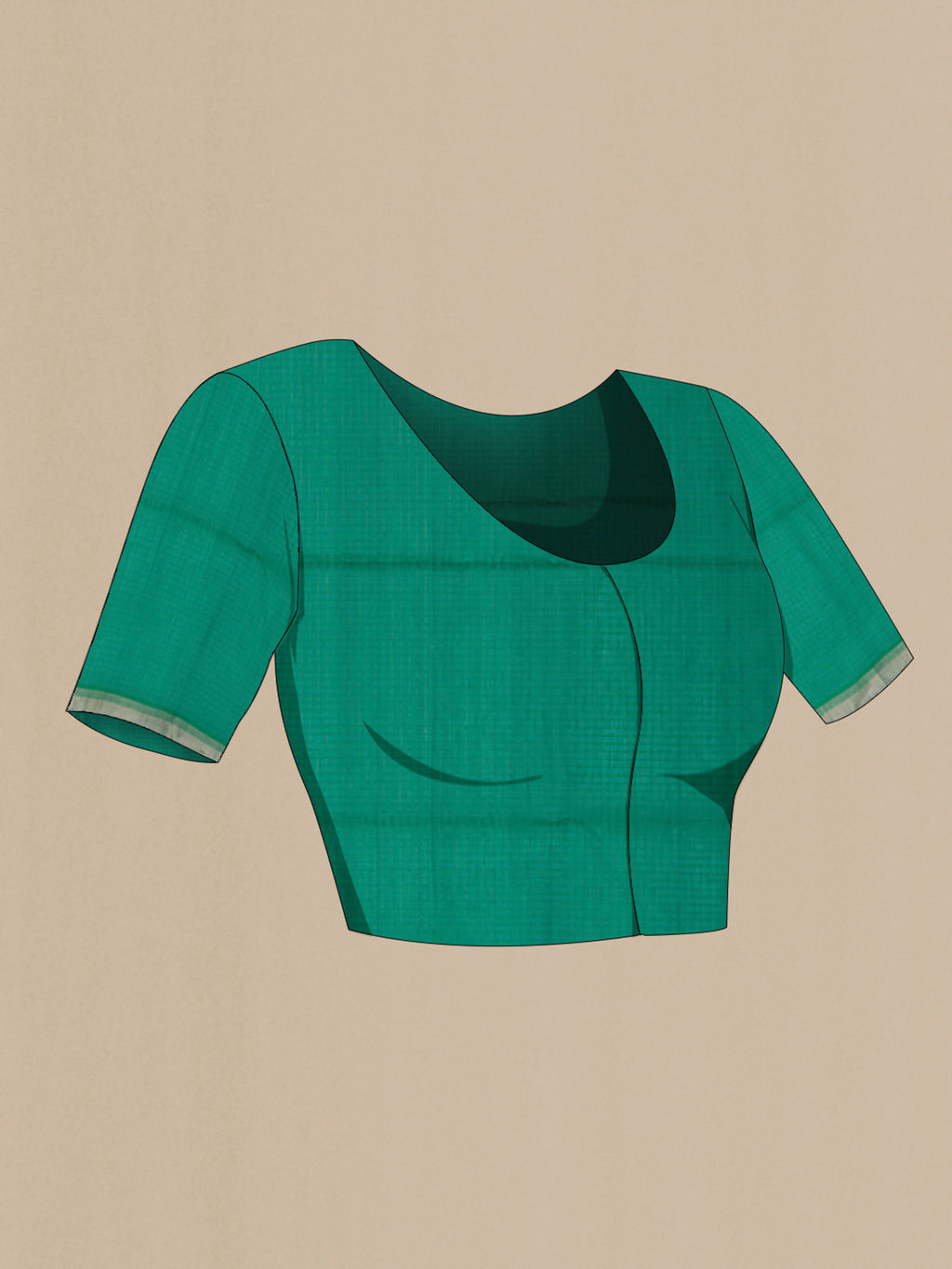 Close up image of the blouse of Green Silk Cotton Saree with Zari Butta on the body and Thin Zari Line. 