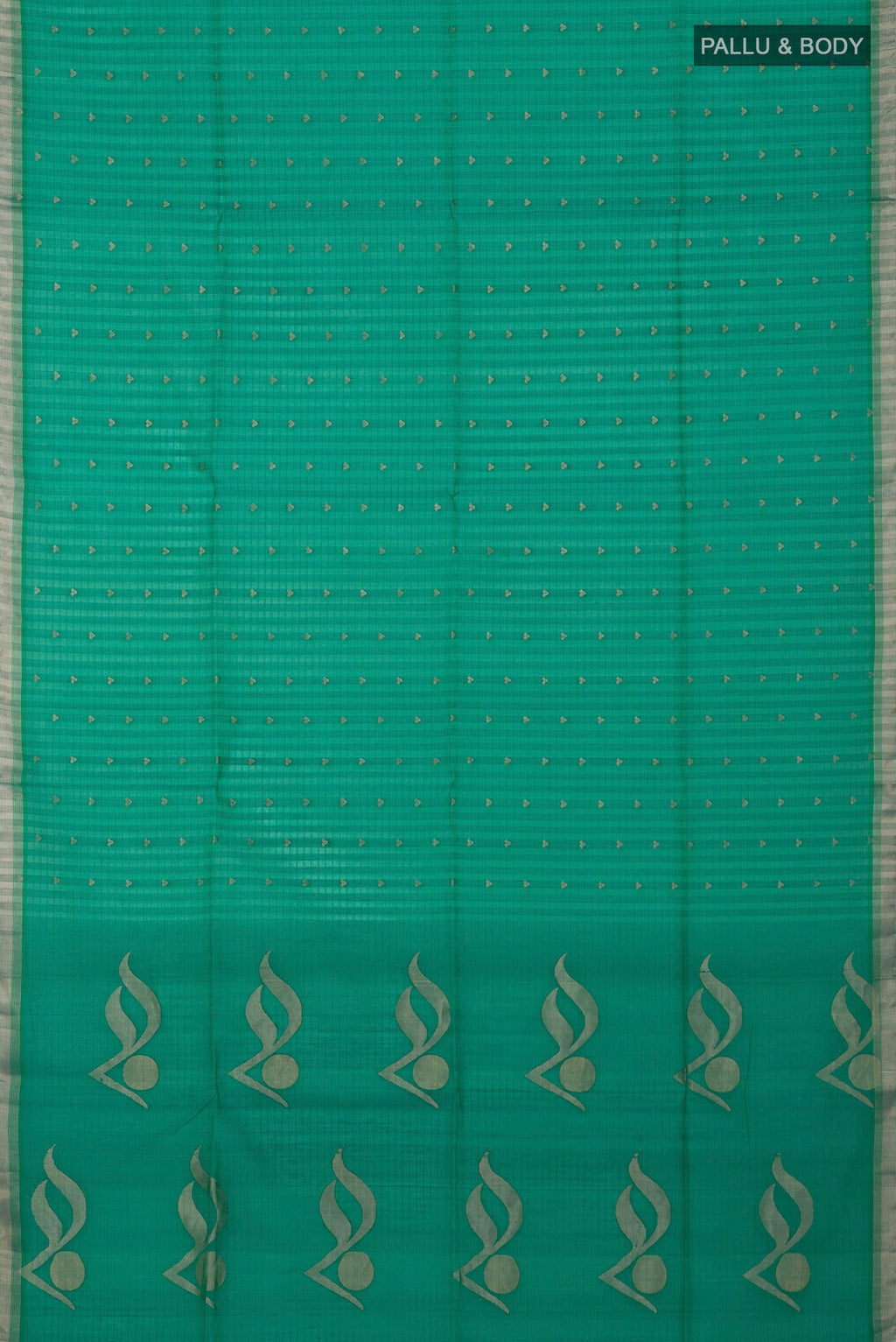 Flat view of Green Silk Cotton Saree with Zari Butta on the body and Thin Zari Line. 