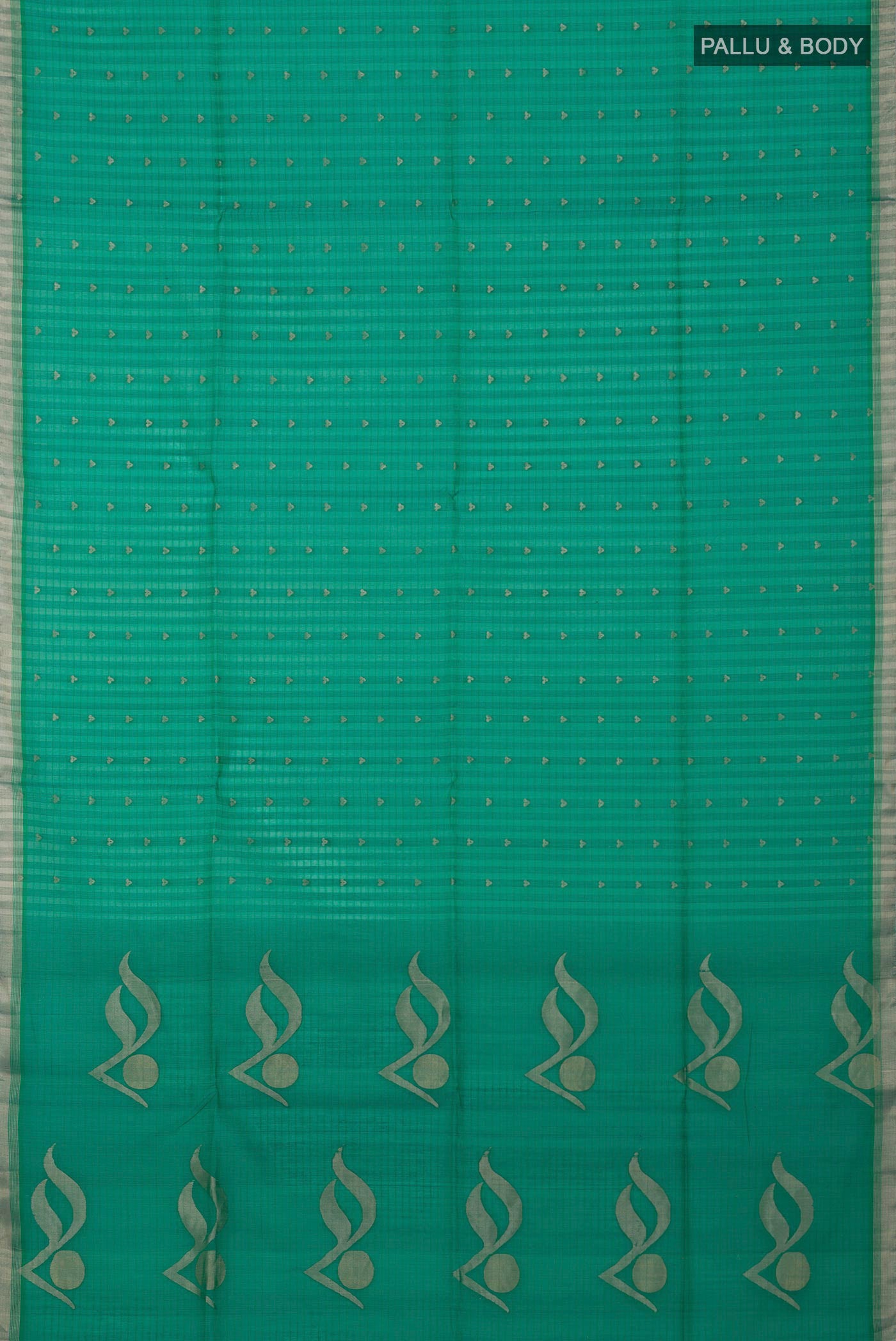 Flat view of Green Silk Cotton Saree with Zari Butta on the body and Thin Zari Line. 