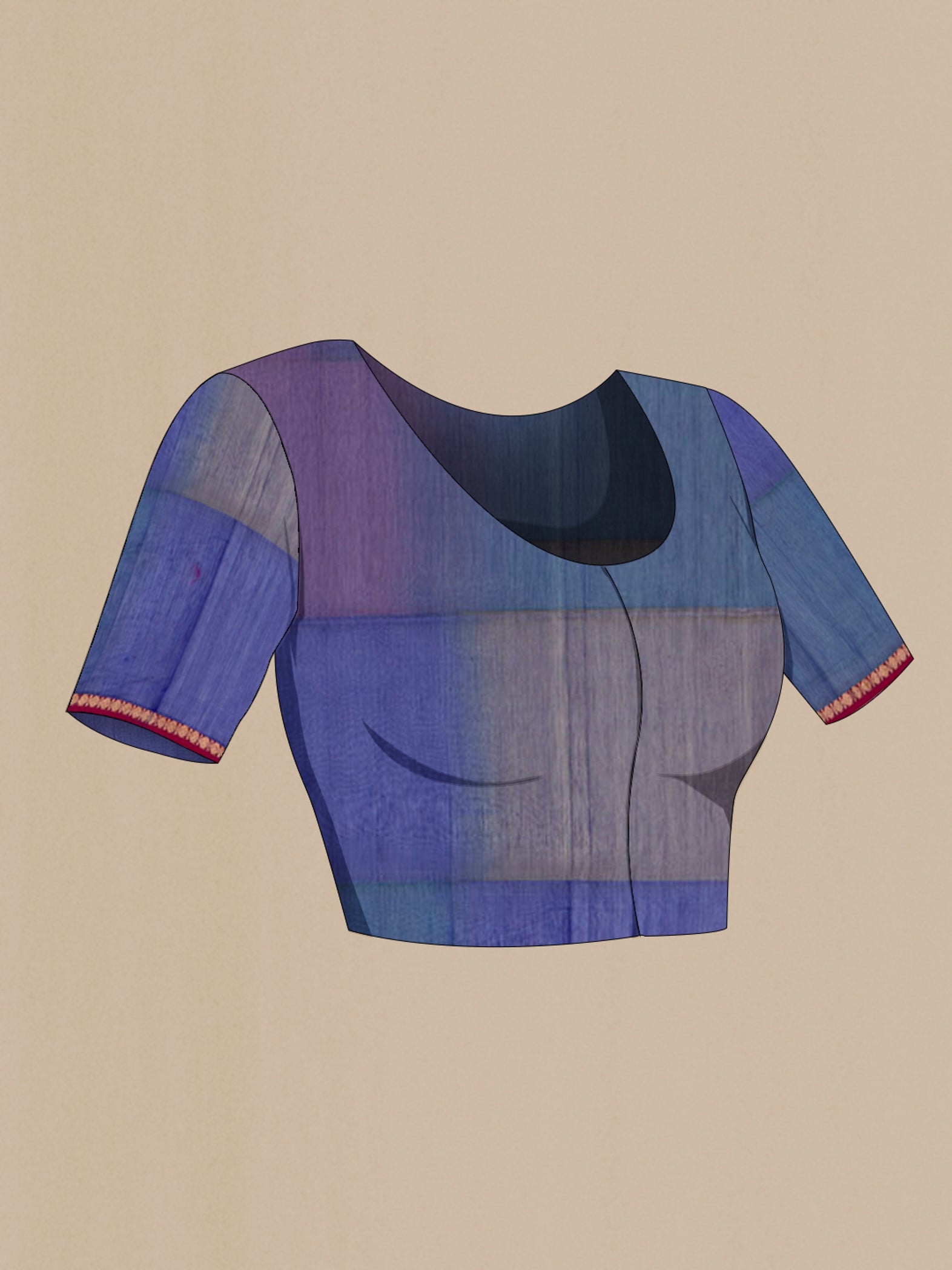 Close up image of the blouse of Blue Maheshwari Silk Cotton Saree with Zari Butta on the body and Thin Zari Line. 