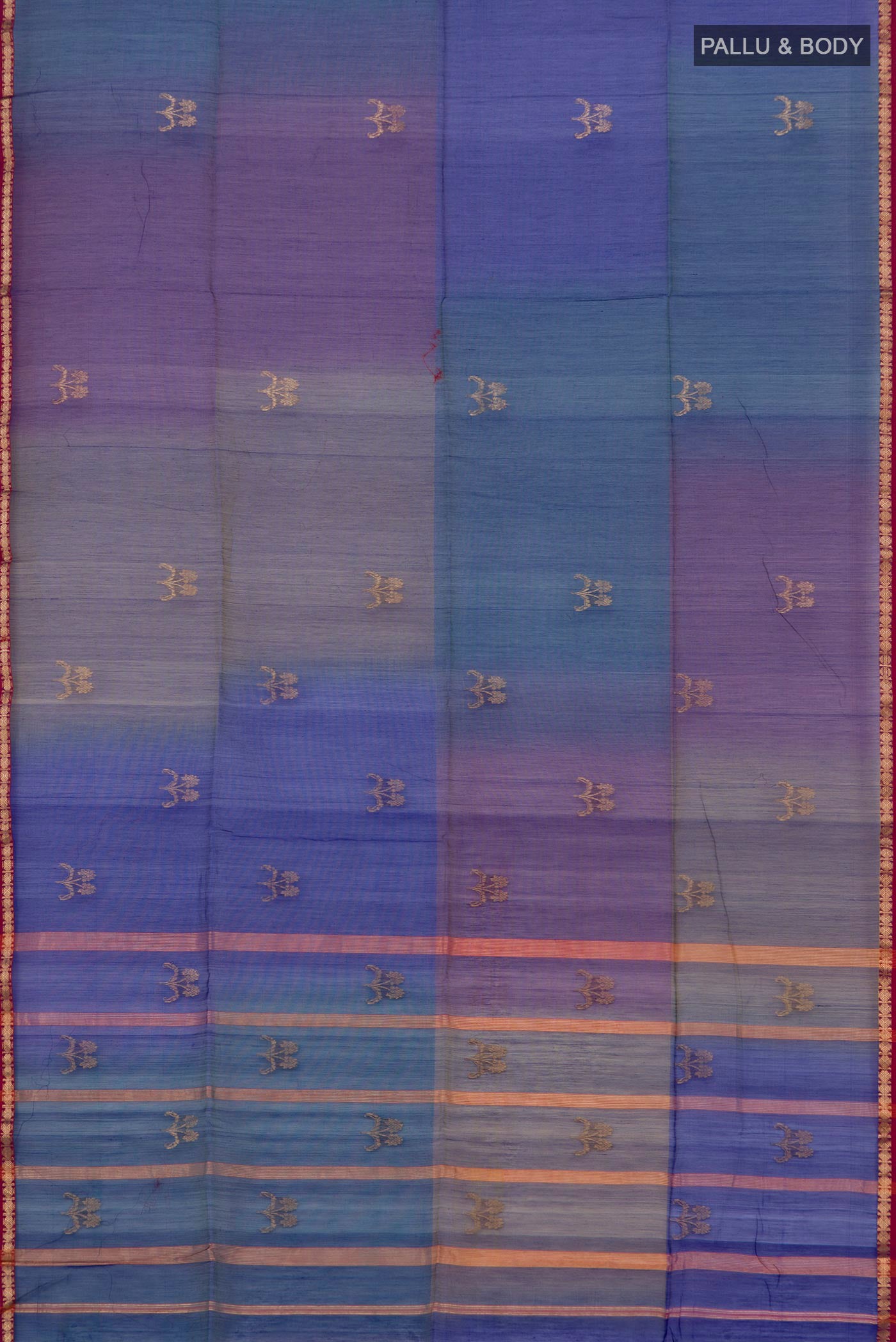 Flat view of Blue Maheshwari Silk Cotton Saree with Zari Butta on the body and Thin Zari Line. 