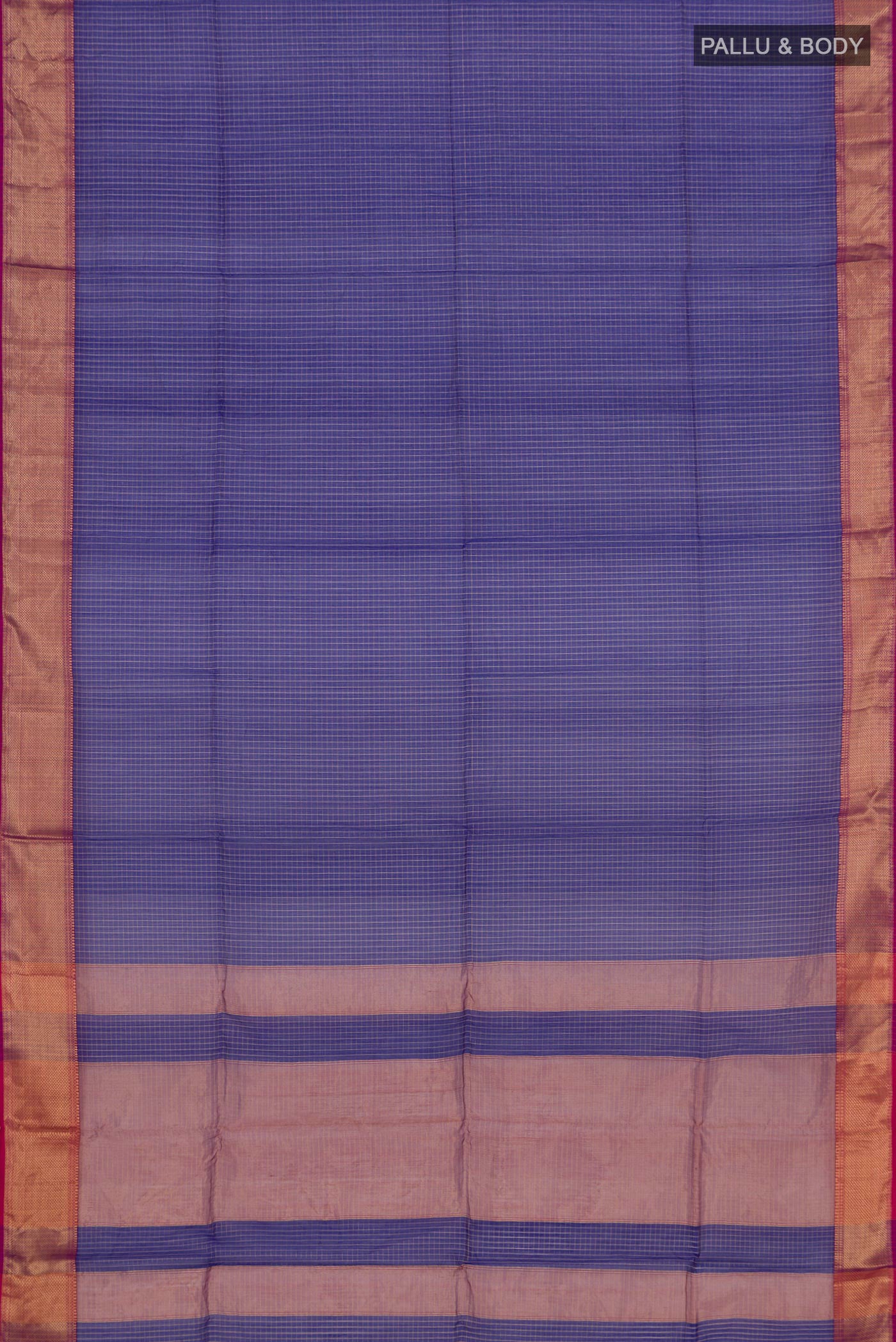 Flat view of Blue Maheshwari Silk Saree with Checked design on the body and Zari Border. 