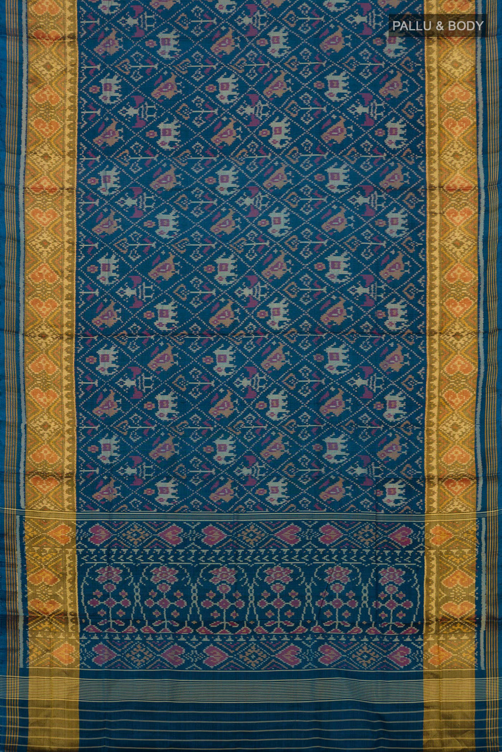 Flat view of Maya Blue Rajkot Patola Silk Saree with Ikat design on the body and Zari Border. 