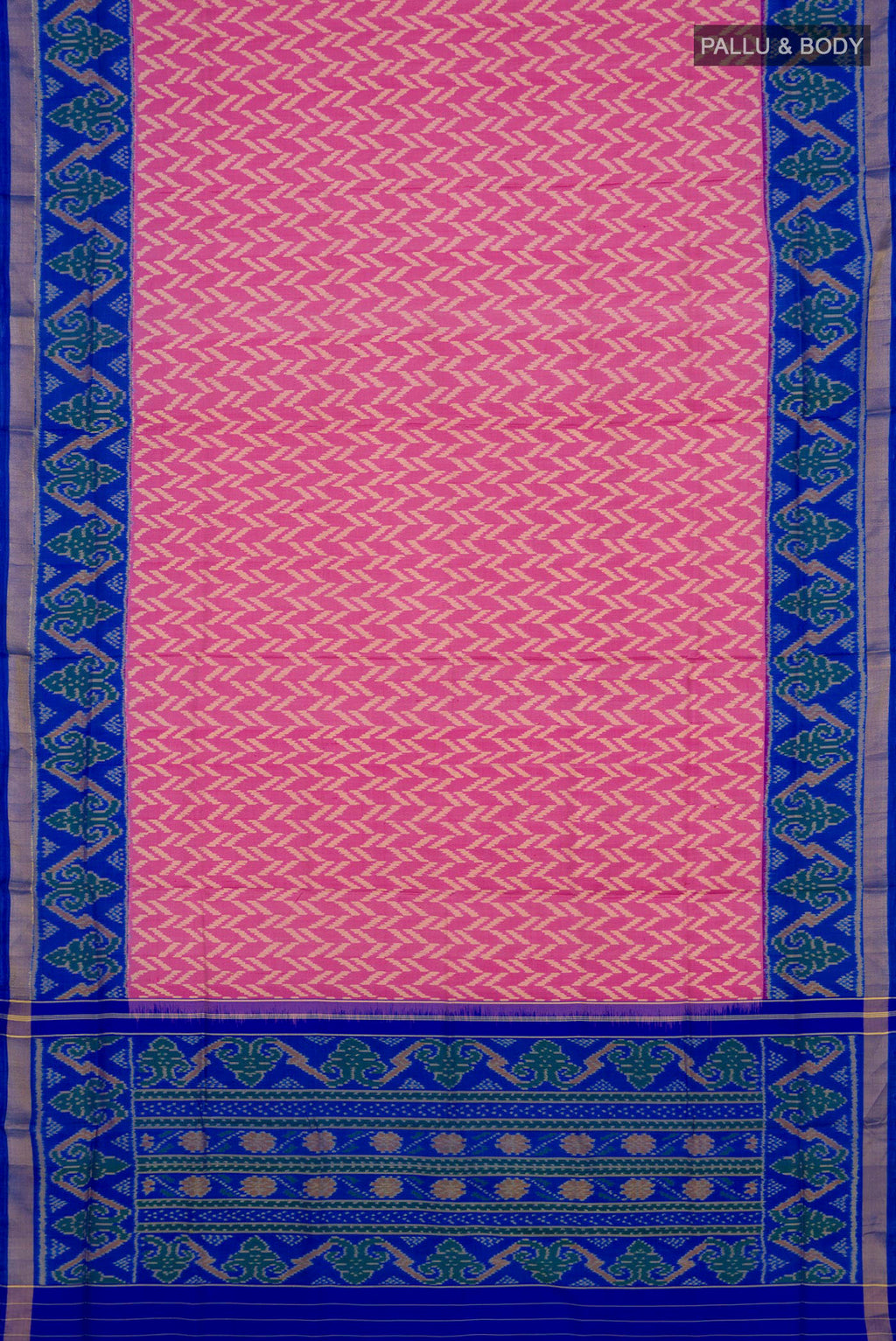Flat view of Pink Rajkot Patola Silk Saree with Ikat design on the body and Zari Border. 